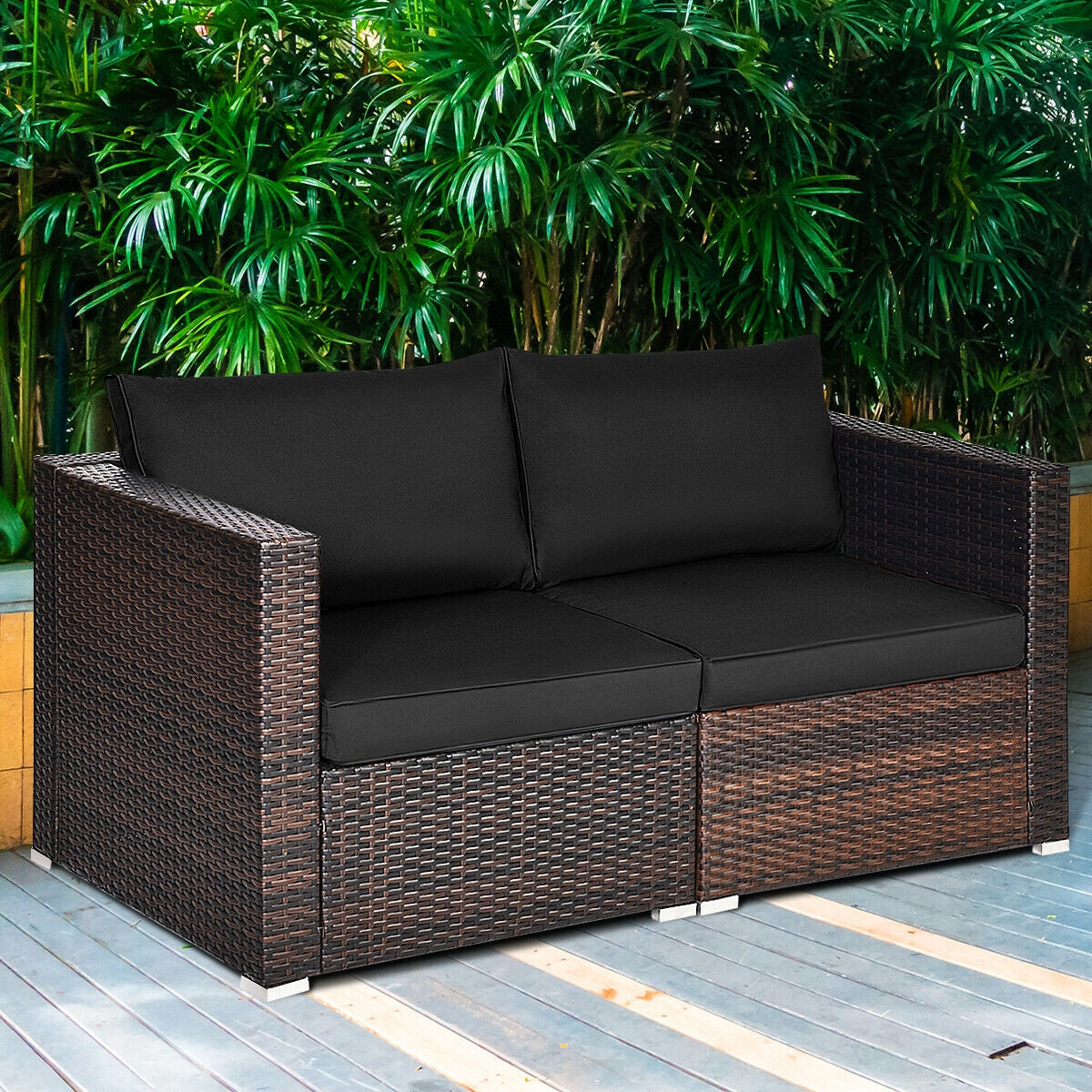 2PCS Patio Rattan Sectional Conversation Sofa Set