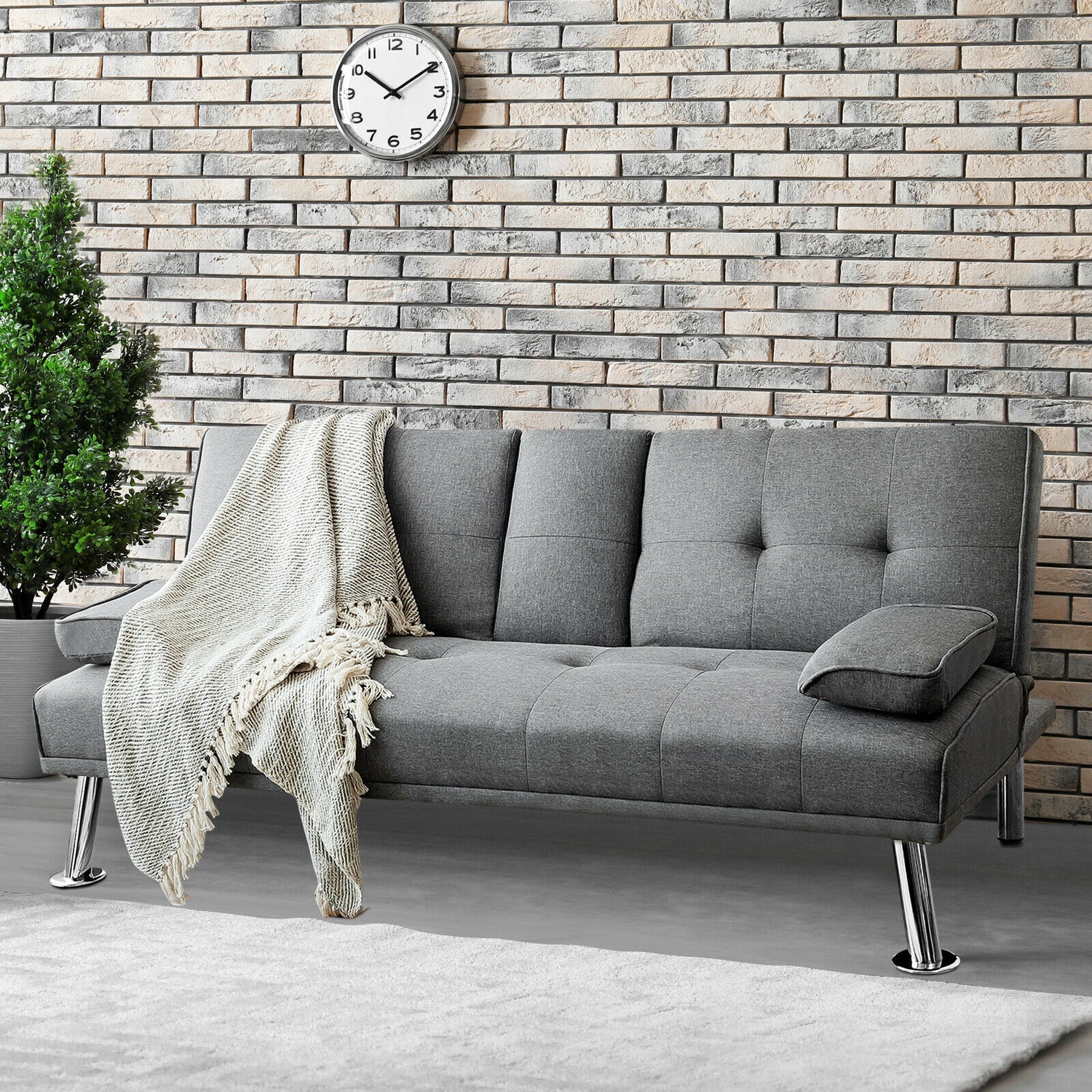 Convertible Folding Futon Sofa Bed Fabric with 2 Cup Holders