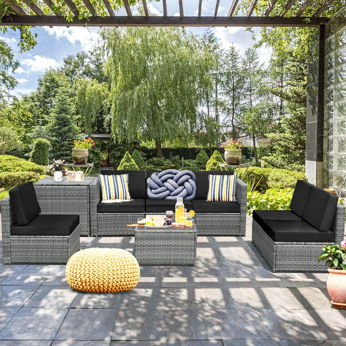 8 Piece Wicker Sofa Rattan Dinning Set Patio Furniture with Storage Table