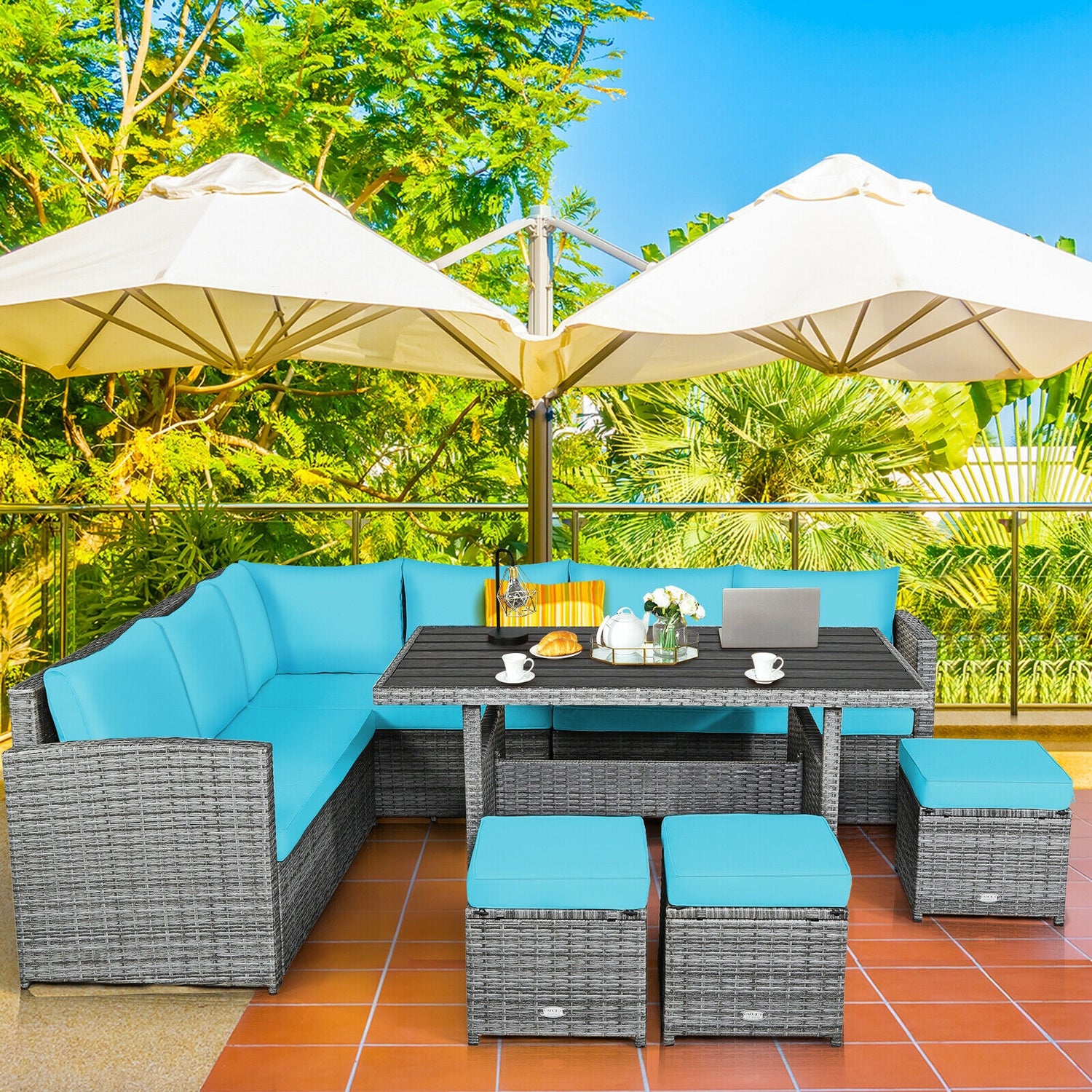 7 Pieces Patio Rattan Dining Furniture Sectional Sofa Set with Wicker Ottoman