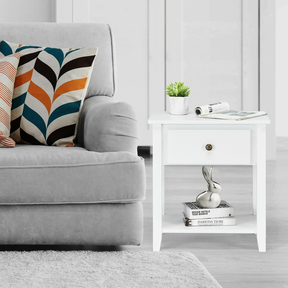 Nightstand with Drawer and Storage Shelf for Bedroom Living Room