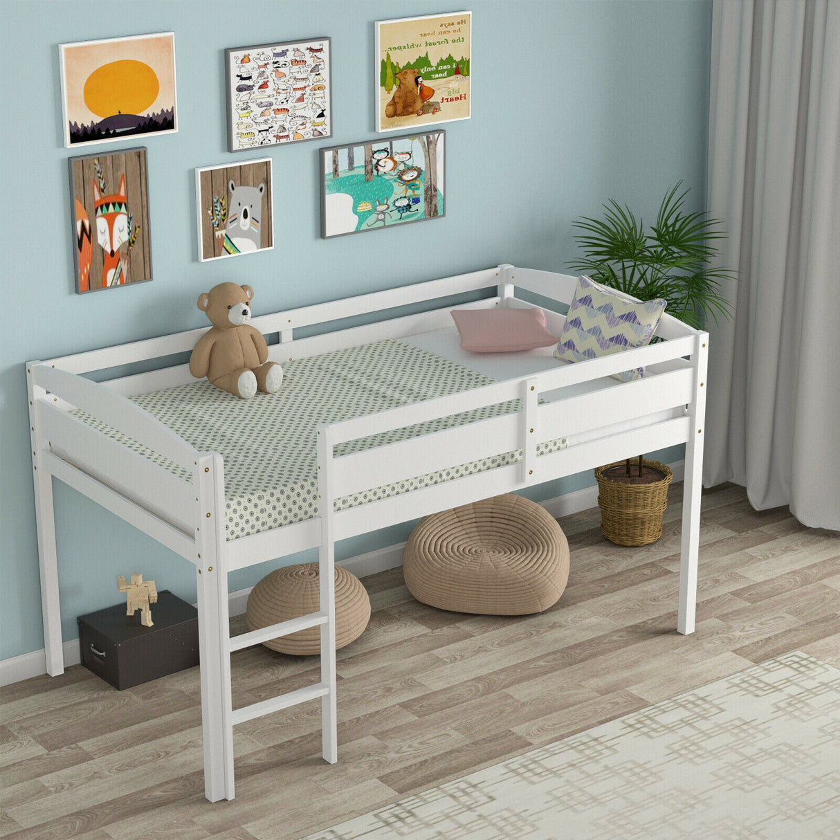 Wooden Twin Low Loft Bunk Bed with Guard Rail and Ladder
