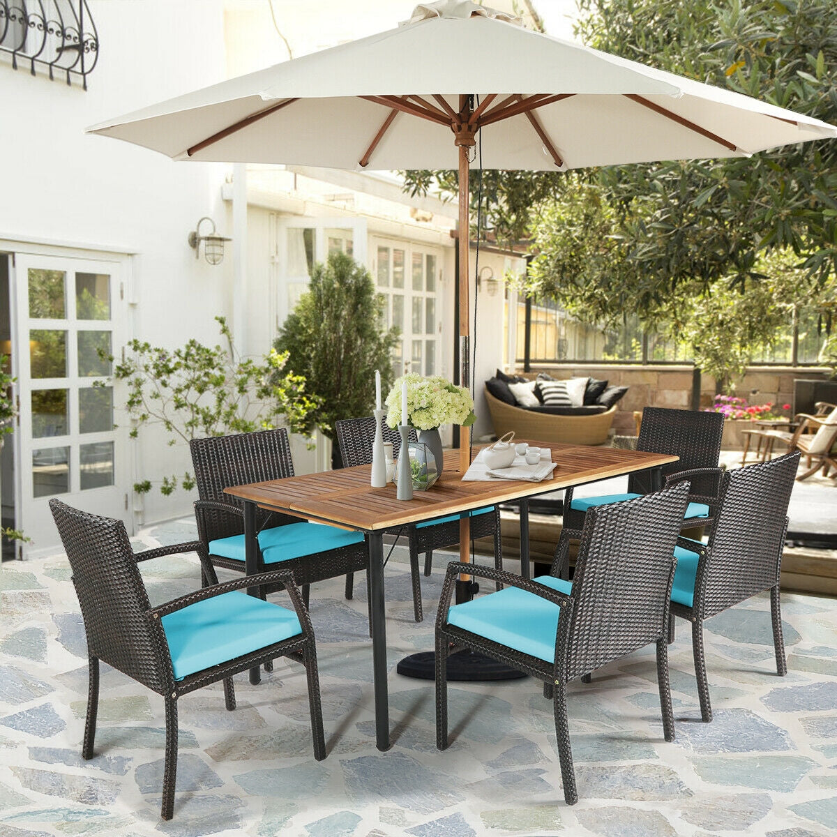 7PCS Patio Rattan Cushioned Dining Set with Umbrella Hole