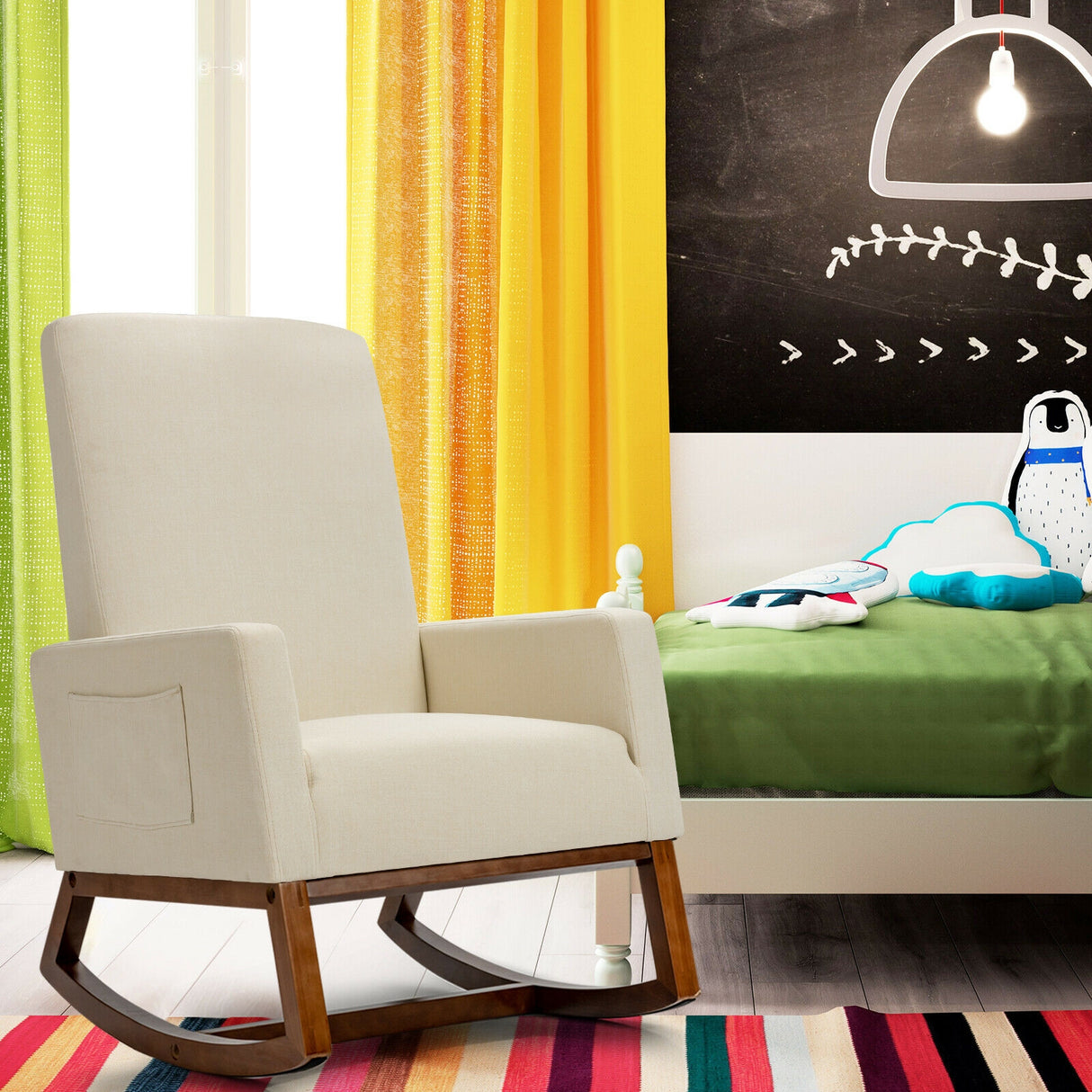 Rocking High Back Upholstered Lounge Armchair with Side Pocket