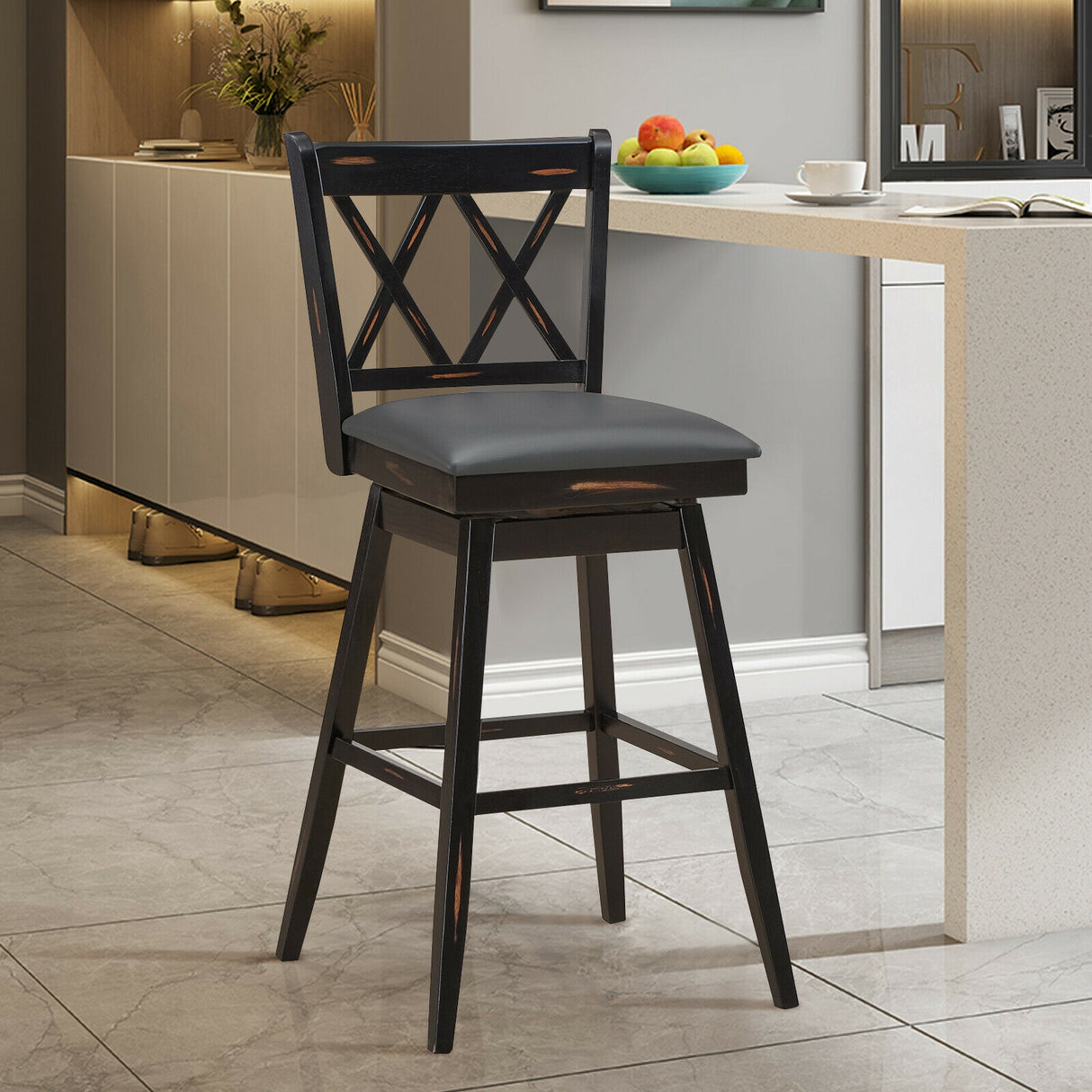 2 Pieces 29 Inches Swivel Counter Height Barstool Set with Rubber Wood Legs
