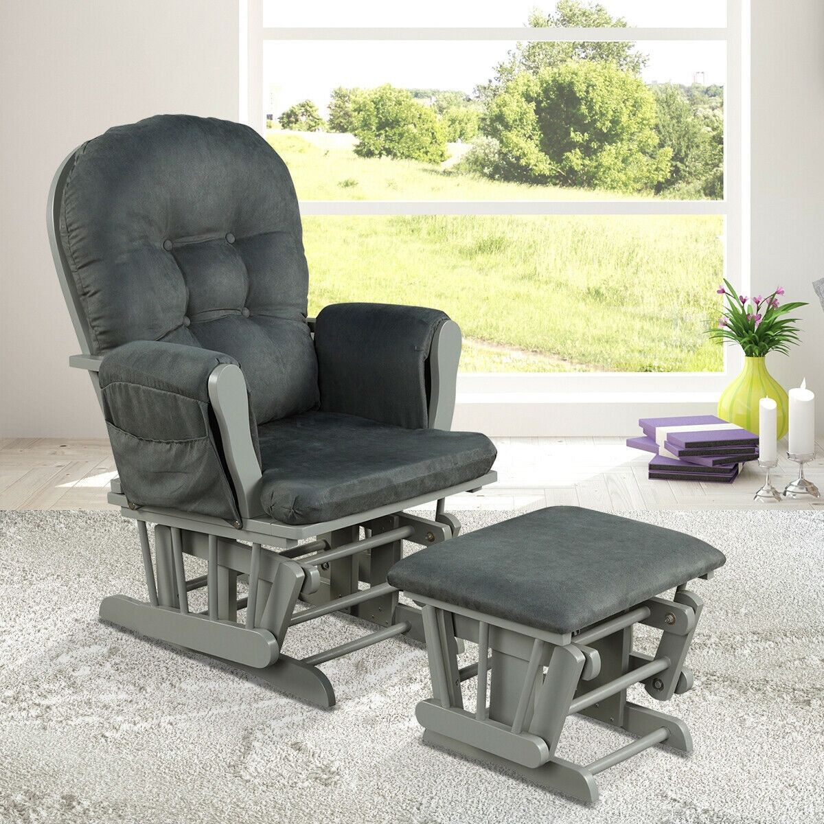 Baby Nursery Relax Rocker Rocking Chair Glider and Ottoman Set-Gray