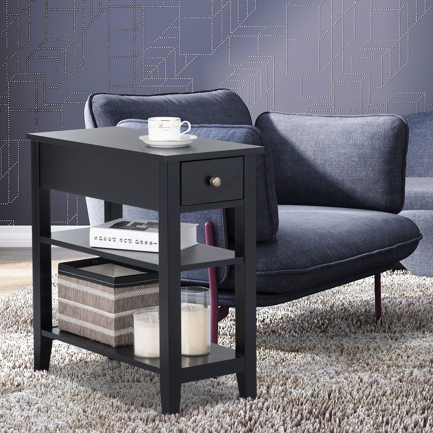 3-Tier Nightstand Bedside Table Sofa Side with Double Shelves Drawer