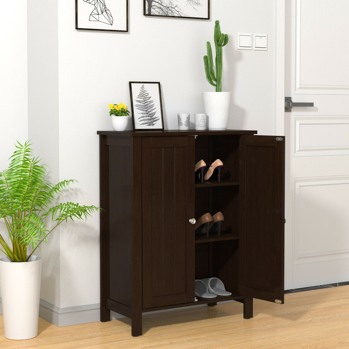 2-Door Bathroom Floor Storage Cabinet with Adjustable Shelf