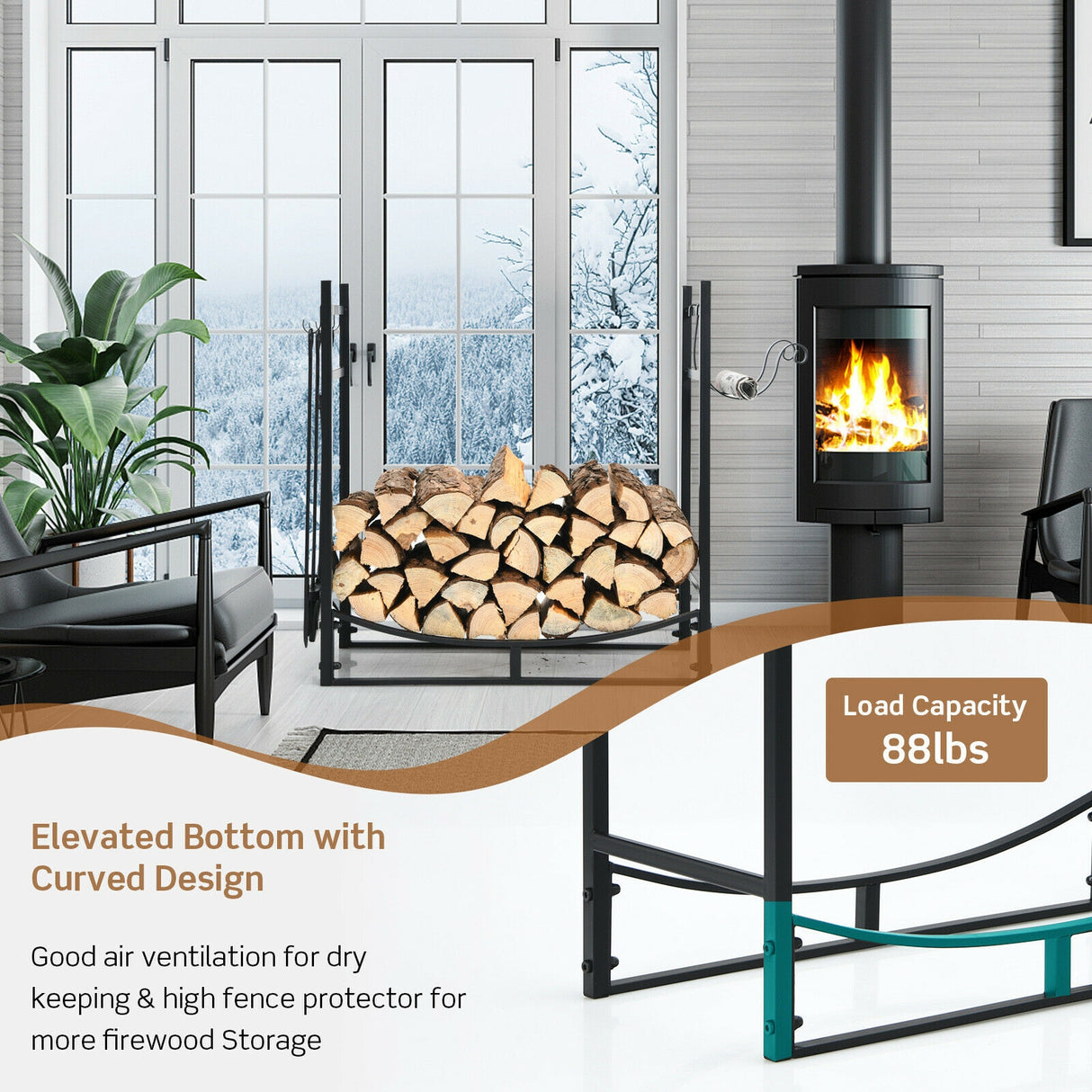 36 Inch Fireplace Log Holder with Kindling Holders and Shovel