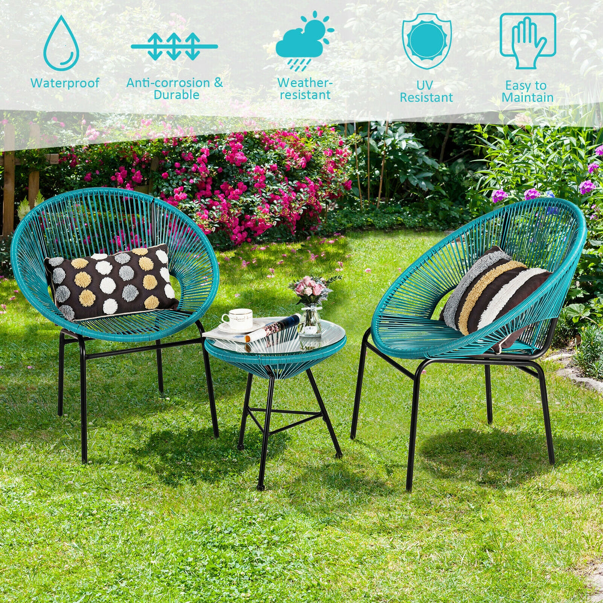3PCS Patio Acapulco Furniture Bistro Set with GlassTable