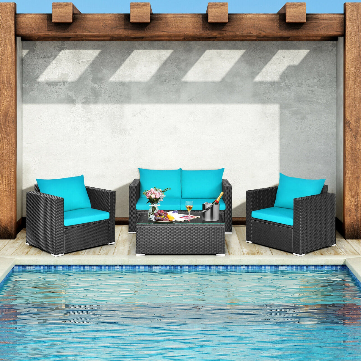 4 Pieces Patio Rattan Conversation Set with Cushions and Coffee Table
