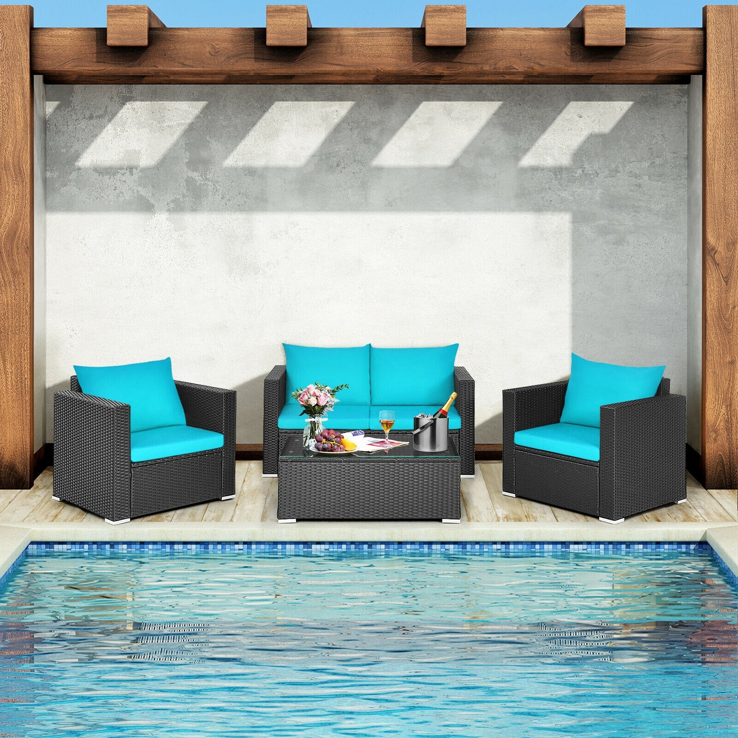 4 Pieces Patio Rattan Conversation Set with Cushions and Coffee Table