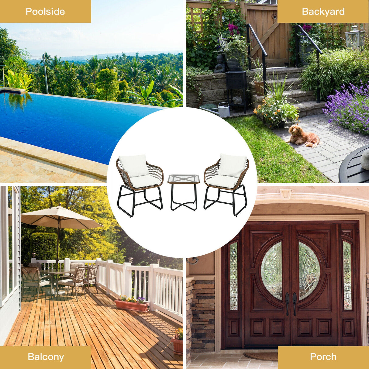 3 Pieces Patio Rattan Bistro Set Cushioned Chair Glass Table Deck