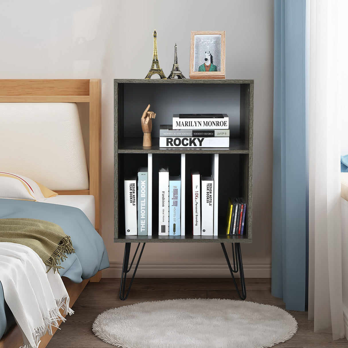 Freestanding Record Player Stand Storage Cabinet with Metal Legs