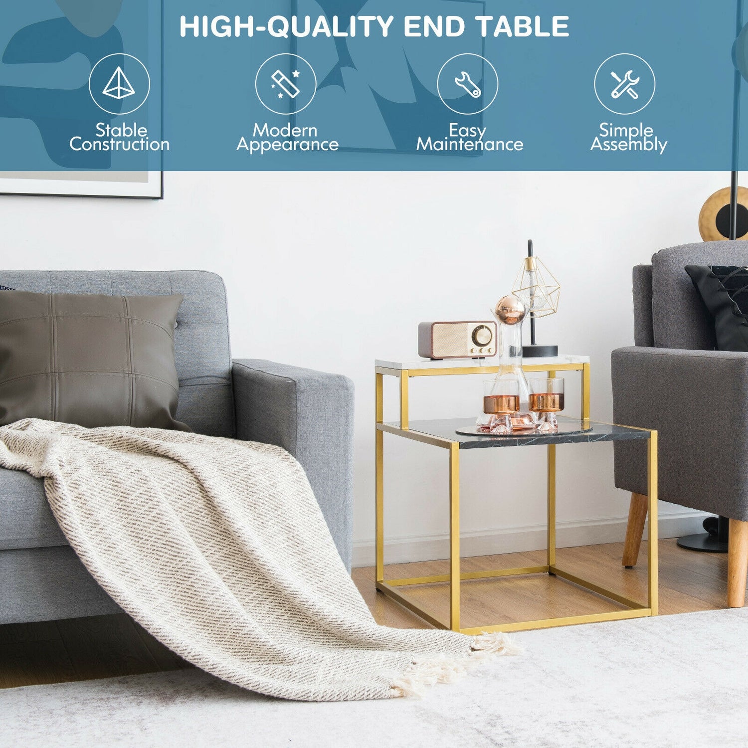 2 Tier End Side Table with Metal Frame and Storage Shelf for Living Room-White