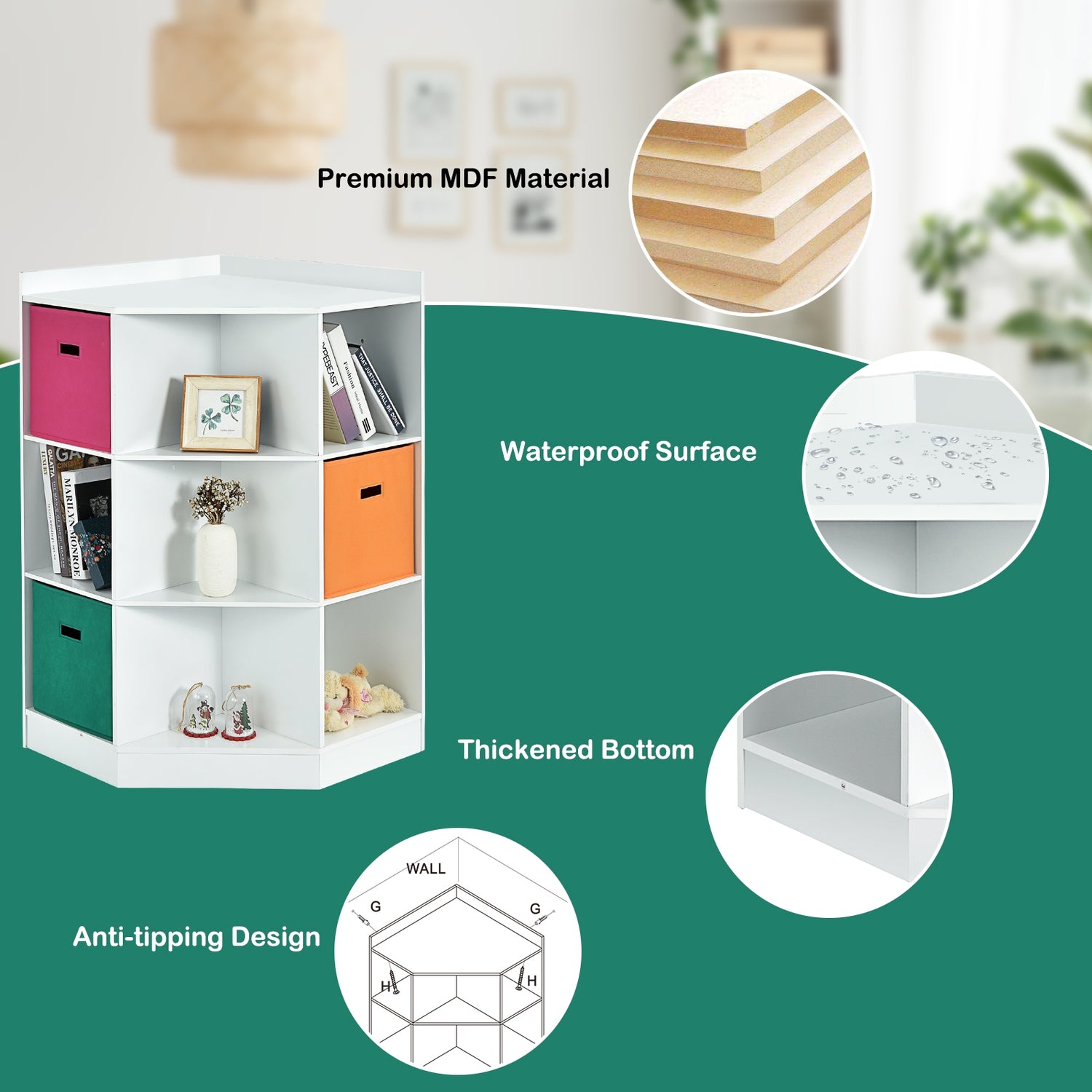 3-Tier Kids Storage Shelf Corner Cabinet with 3 Baskets