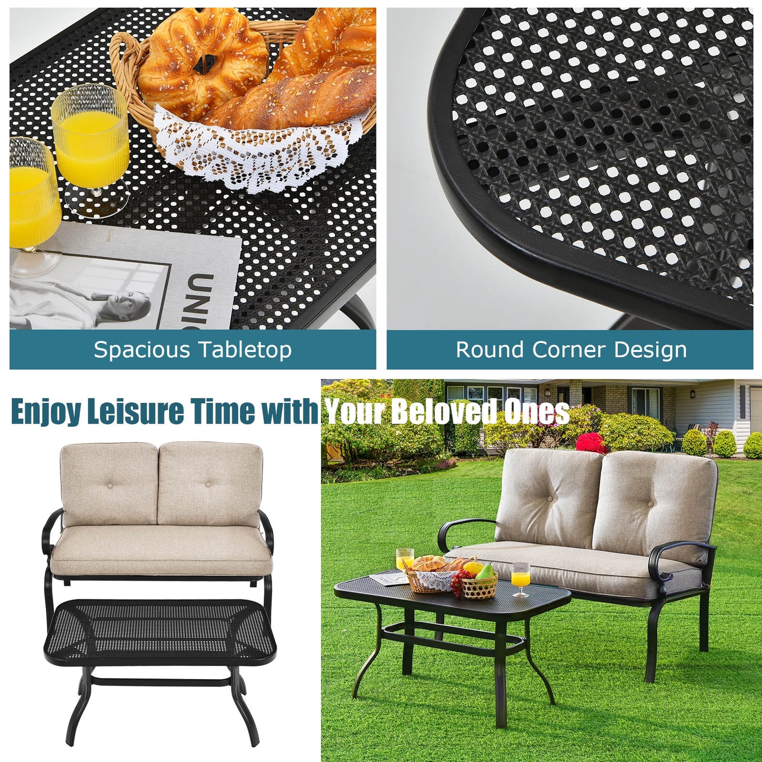 2PCS Patio Loveseat Bench Table Furniture Set with Cushioned Chair