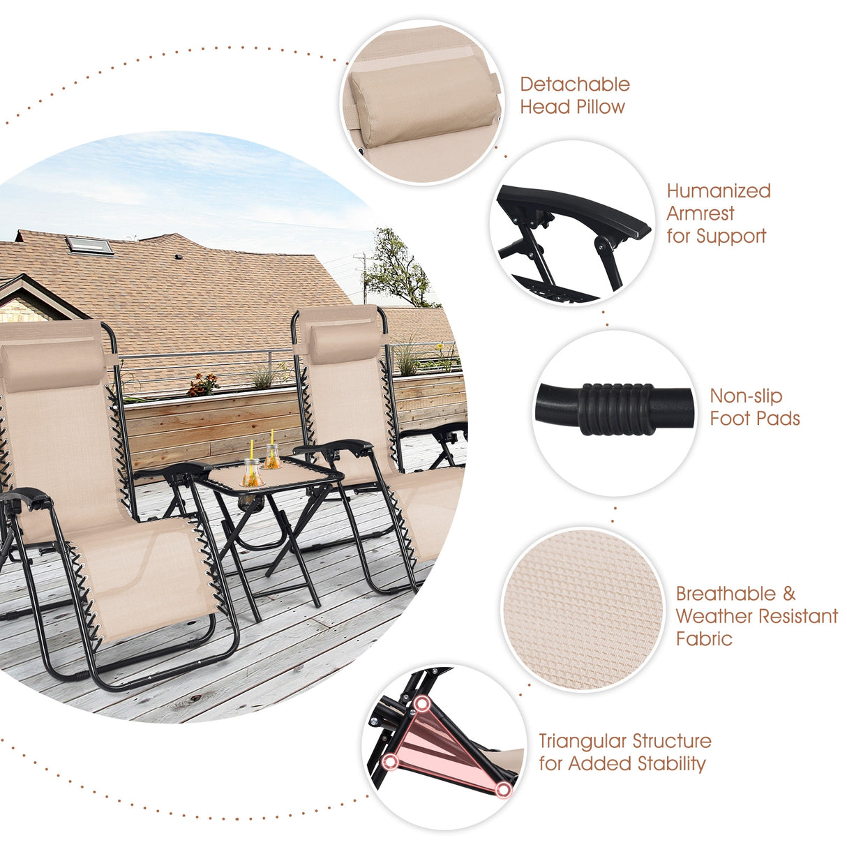 3 Pieces Folding Portable Zero Gravity Reclining Lounge Chairs Table Set