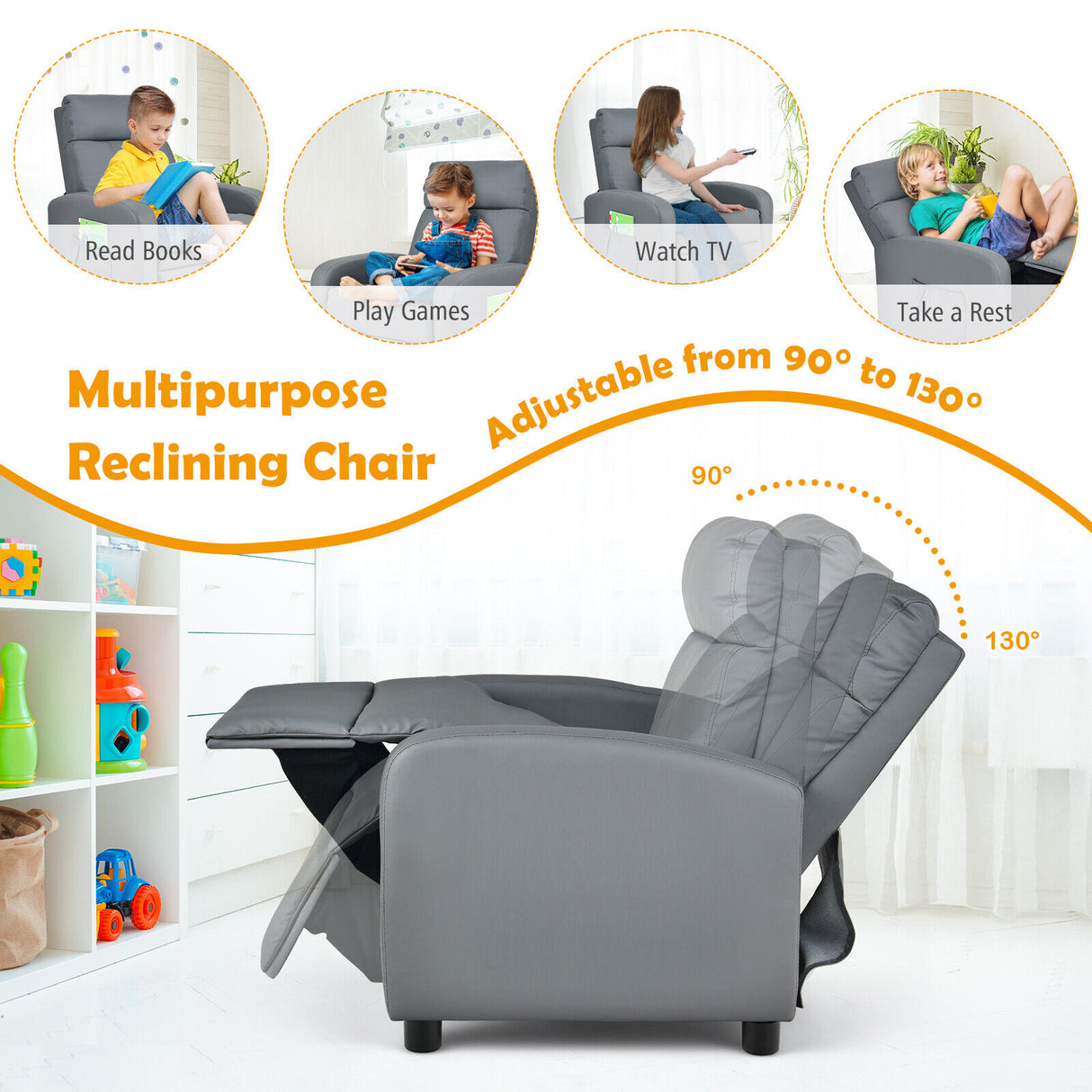 Ergonomic PU Leather Kids Recliner Lounge Sofa for 3-12 Age Group