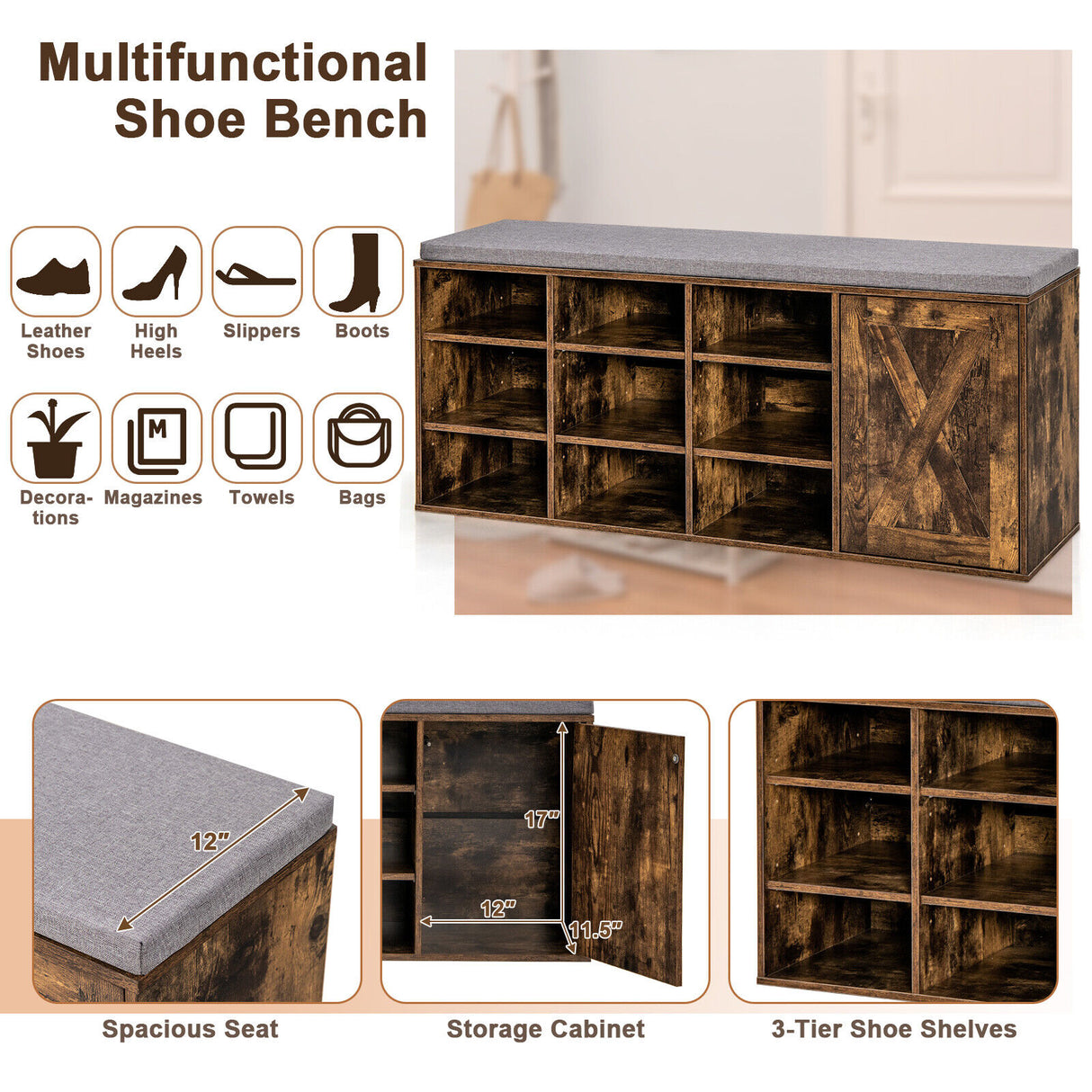 9-cube Adjustable Storage Shoe Bench with Padded Cushion