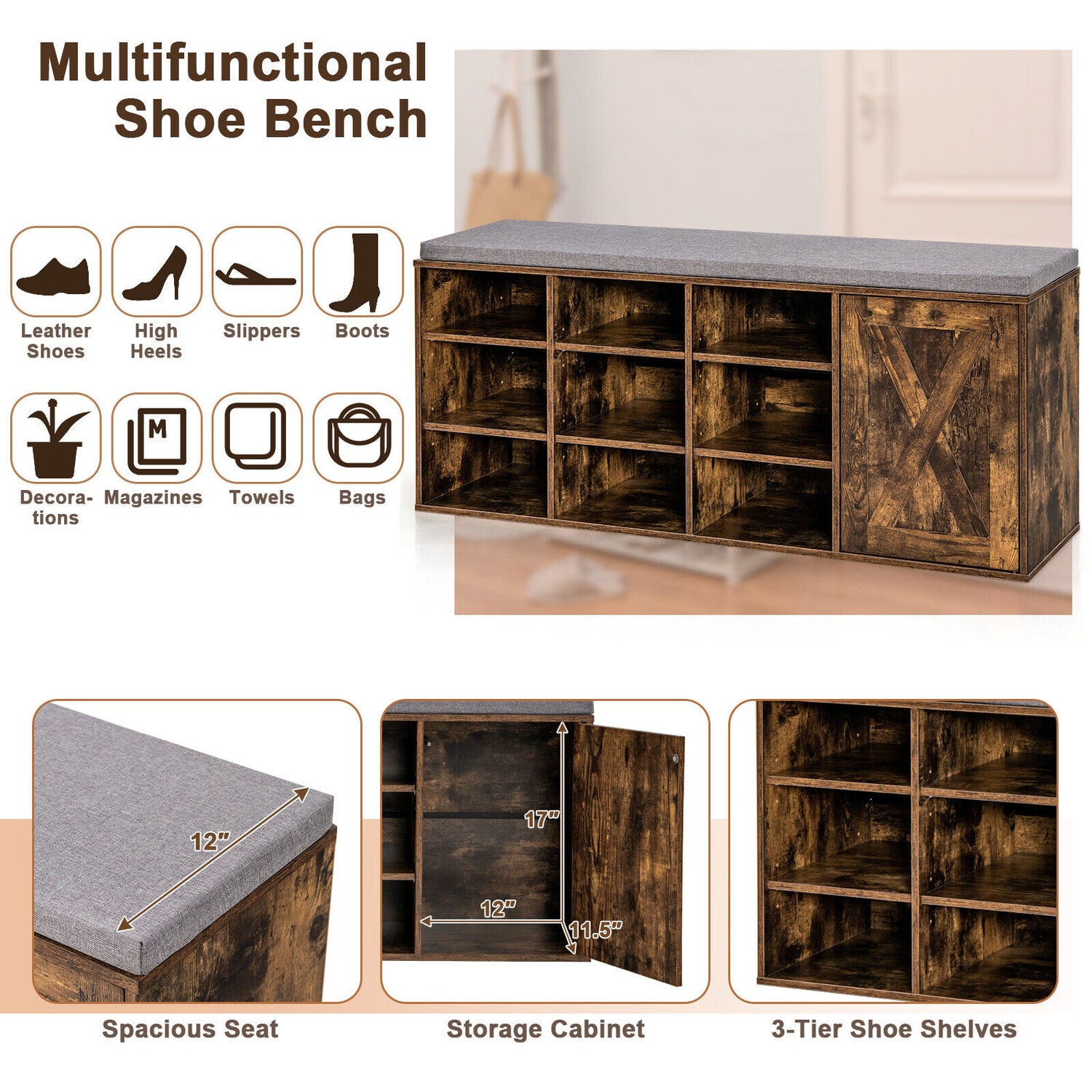 9-cube Adjustable Storage Shoe Bench with Padded Cushion