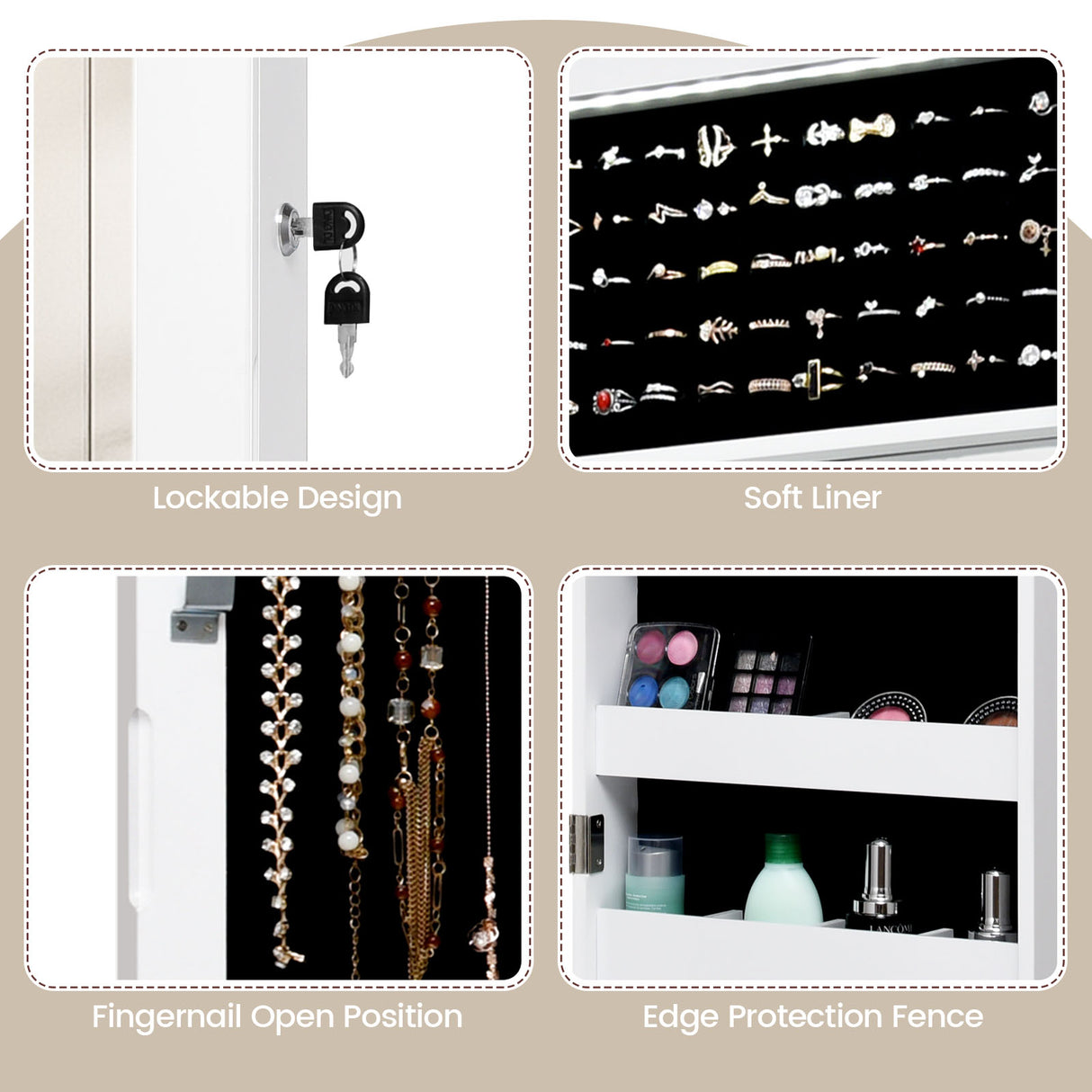 Lockable Wall Door Mounted Mirror Jewelry Cabinet w/LED Lights