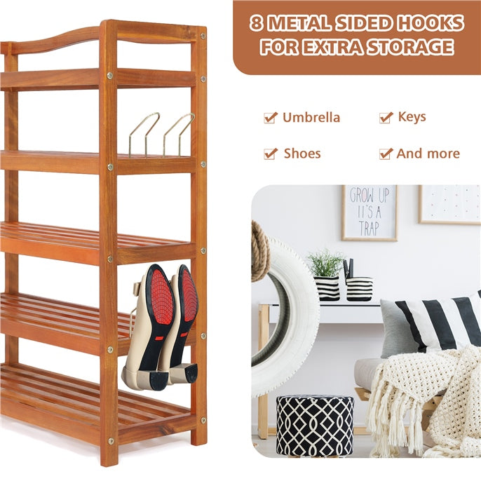 2-Tier Acacia Wood Shoe Rack with 4 Side Metal Hooks