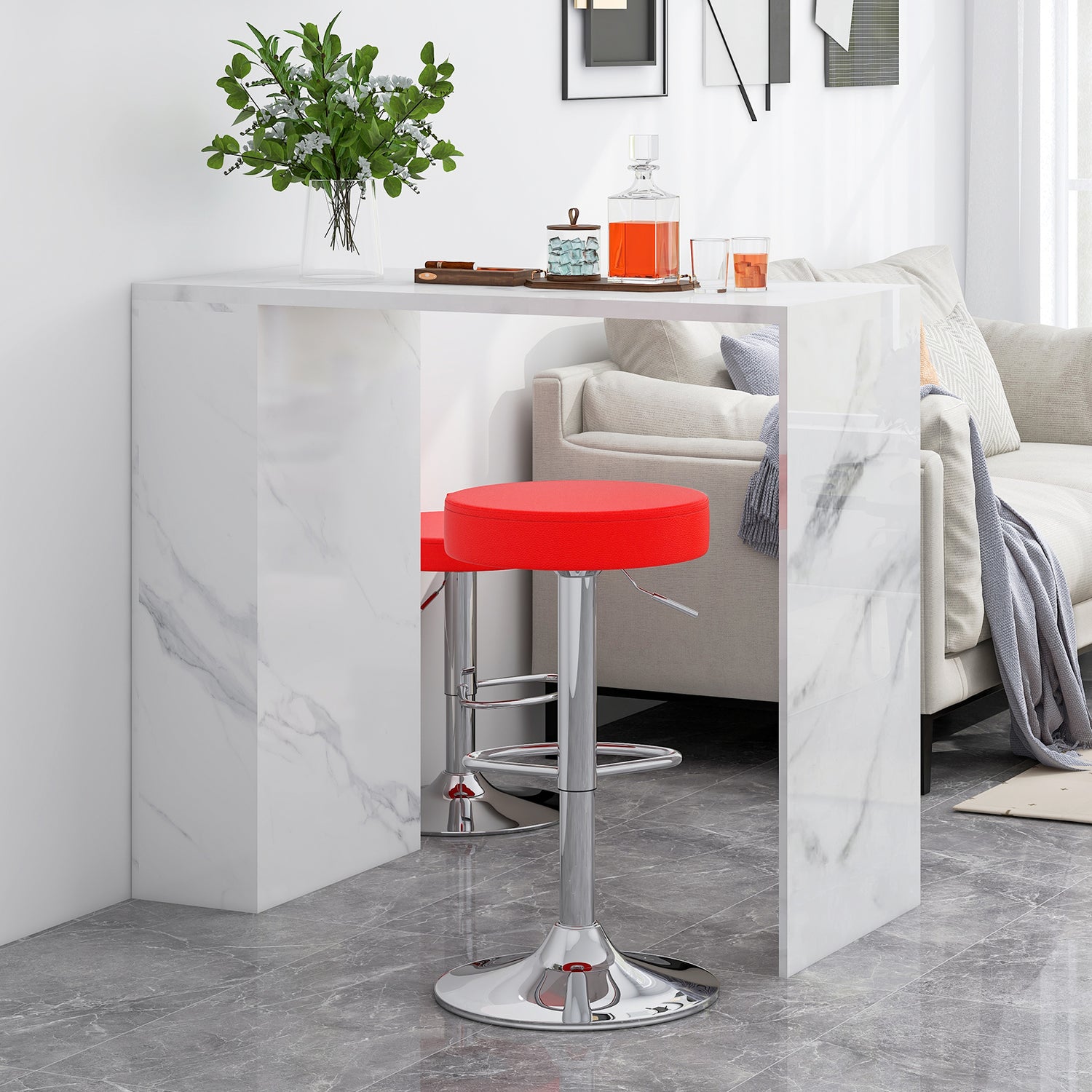 Set of 2 Adjustable Round PU Leather Swivel Barstool with Chrome Footrest
