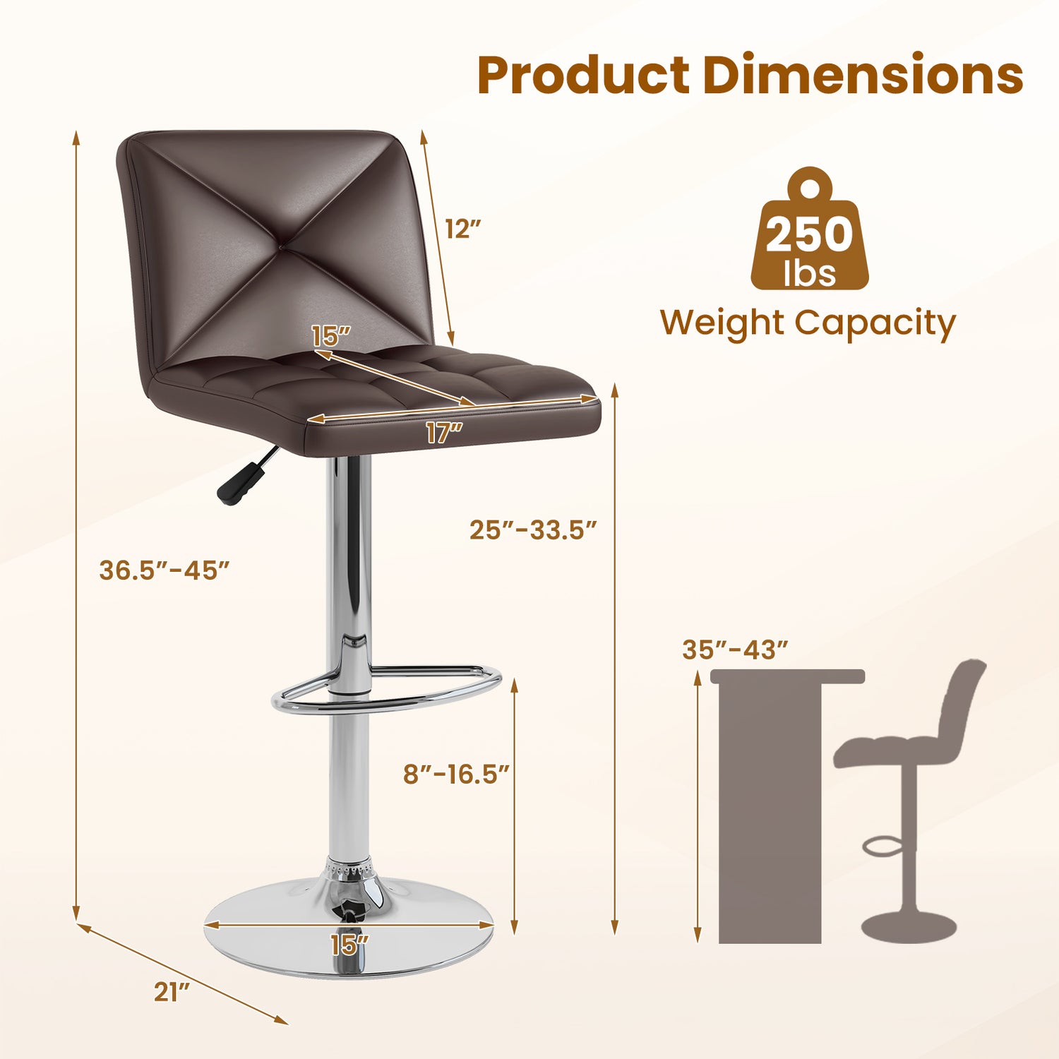 PU Leather Upholstered Bar Stools Set of 2 with Back and Adjustable Height