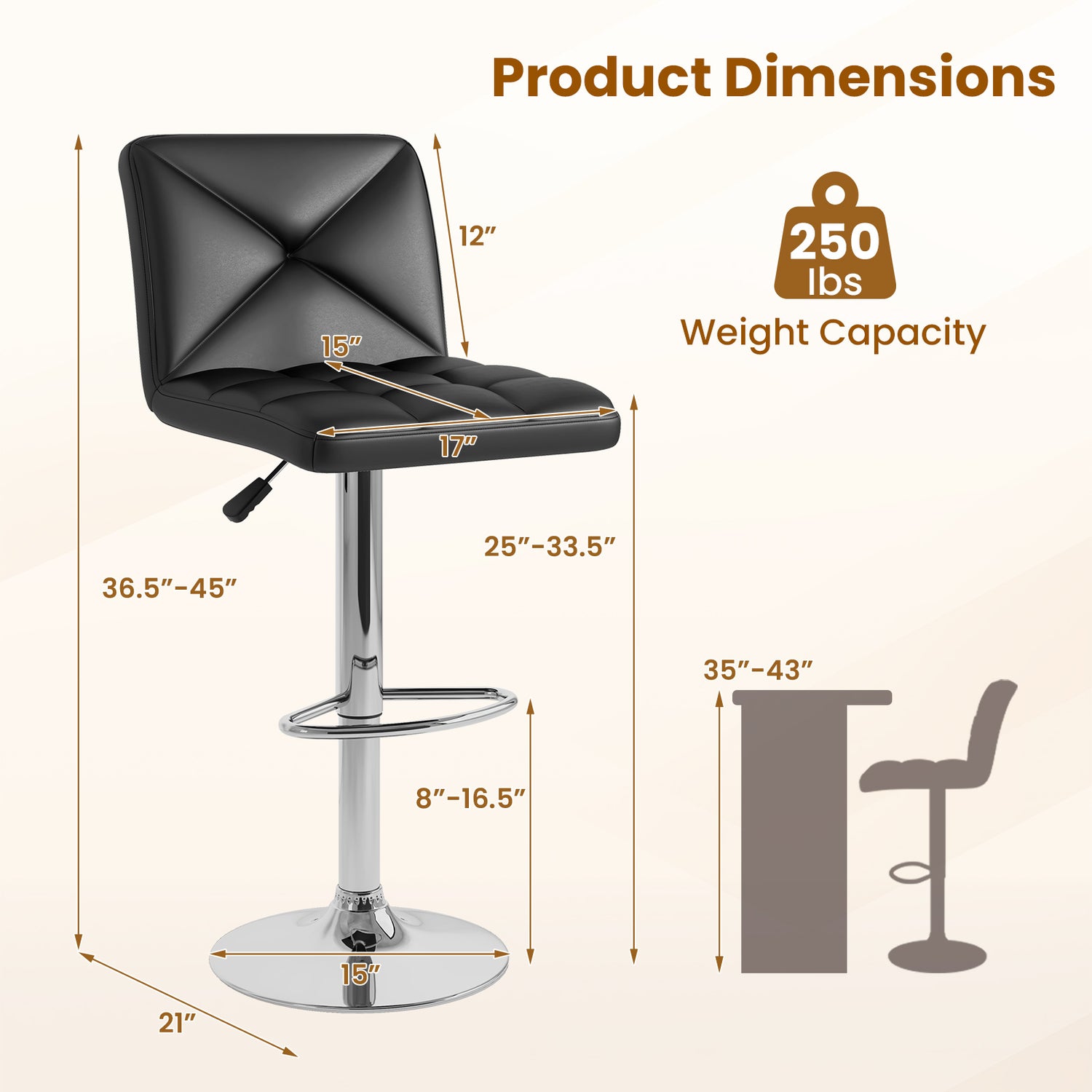 PU Leather Upholstered Bar Stools Set of 2 with Back and Adjustable Height