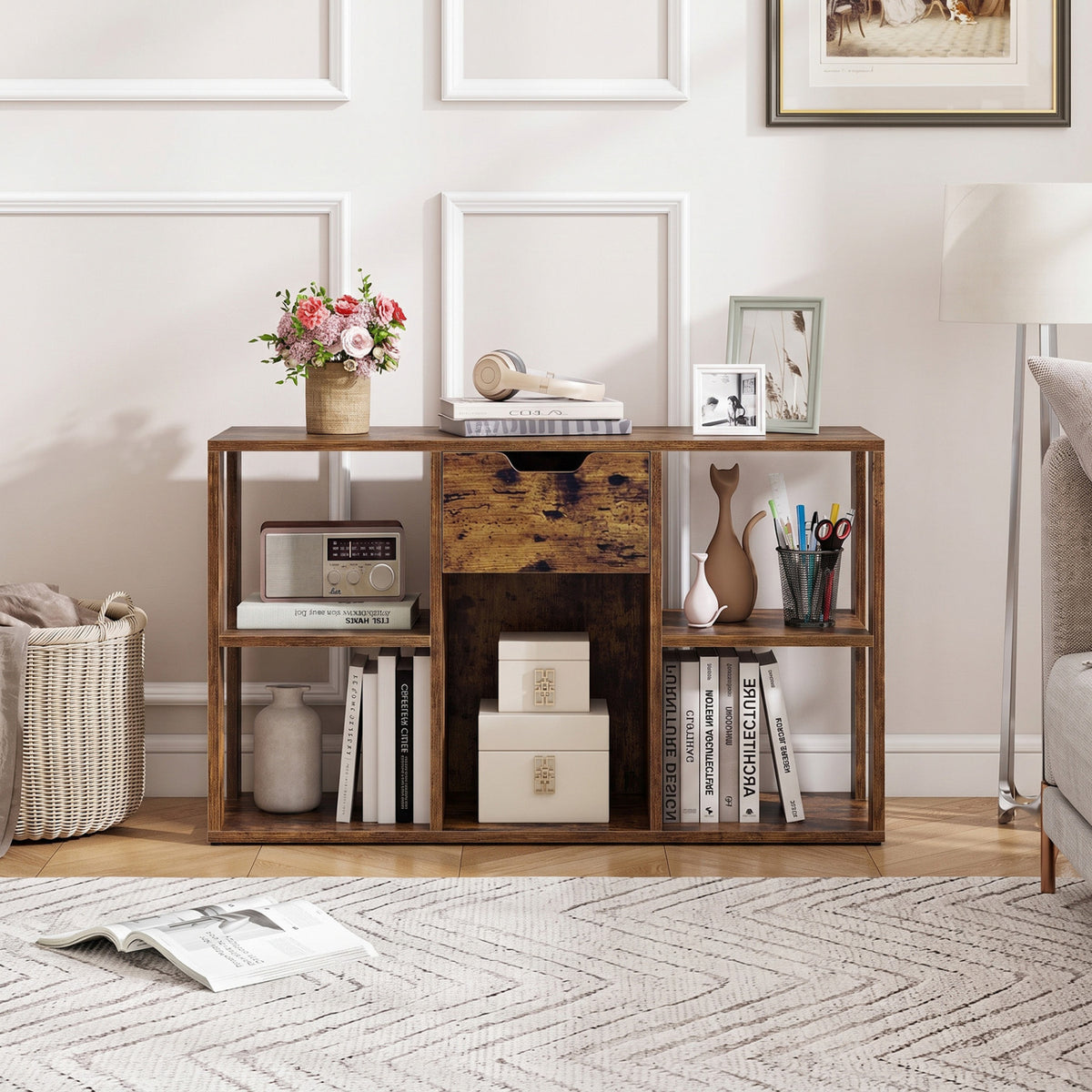 5-Cube Bookcase with Storage Drawer Freestanding Bookshelf Modern Display Rack