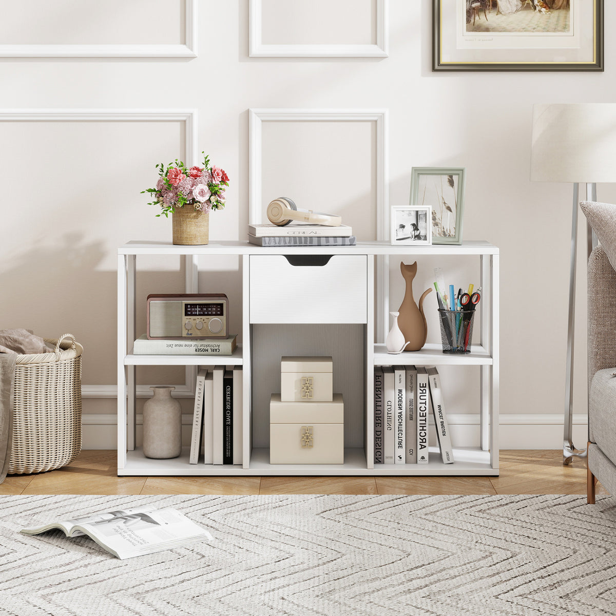 5-Cube Bookcase with Storage Drawer Freestanding Bookshelf Modern Display Rack