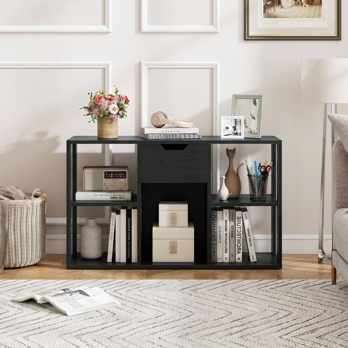 5-Cube Bookcase with Storage Drawer Freestanding Bookshelf Modern Display Rack