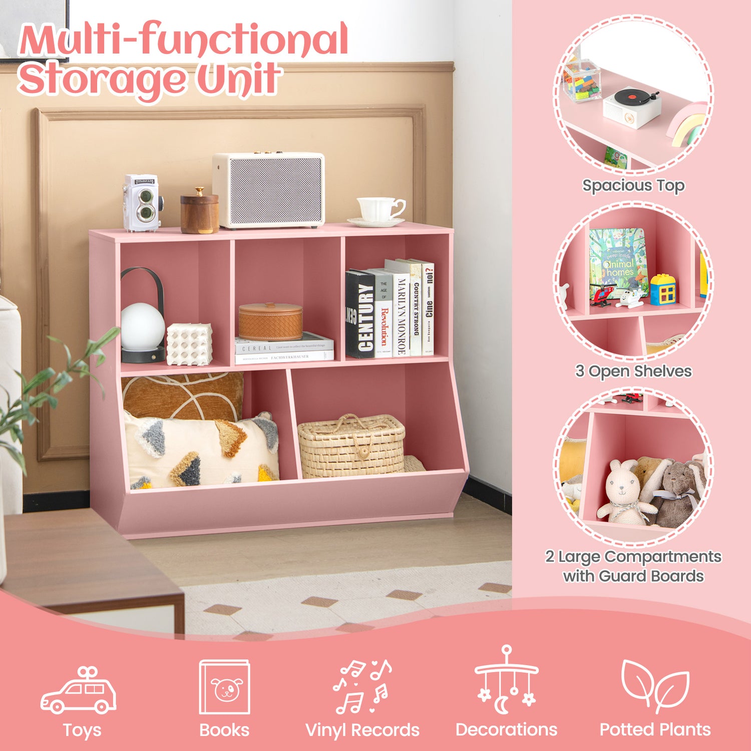 5-Cube Wooden Kids Toy Storage Organizer with Anti-Tipping Kits
