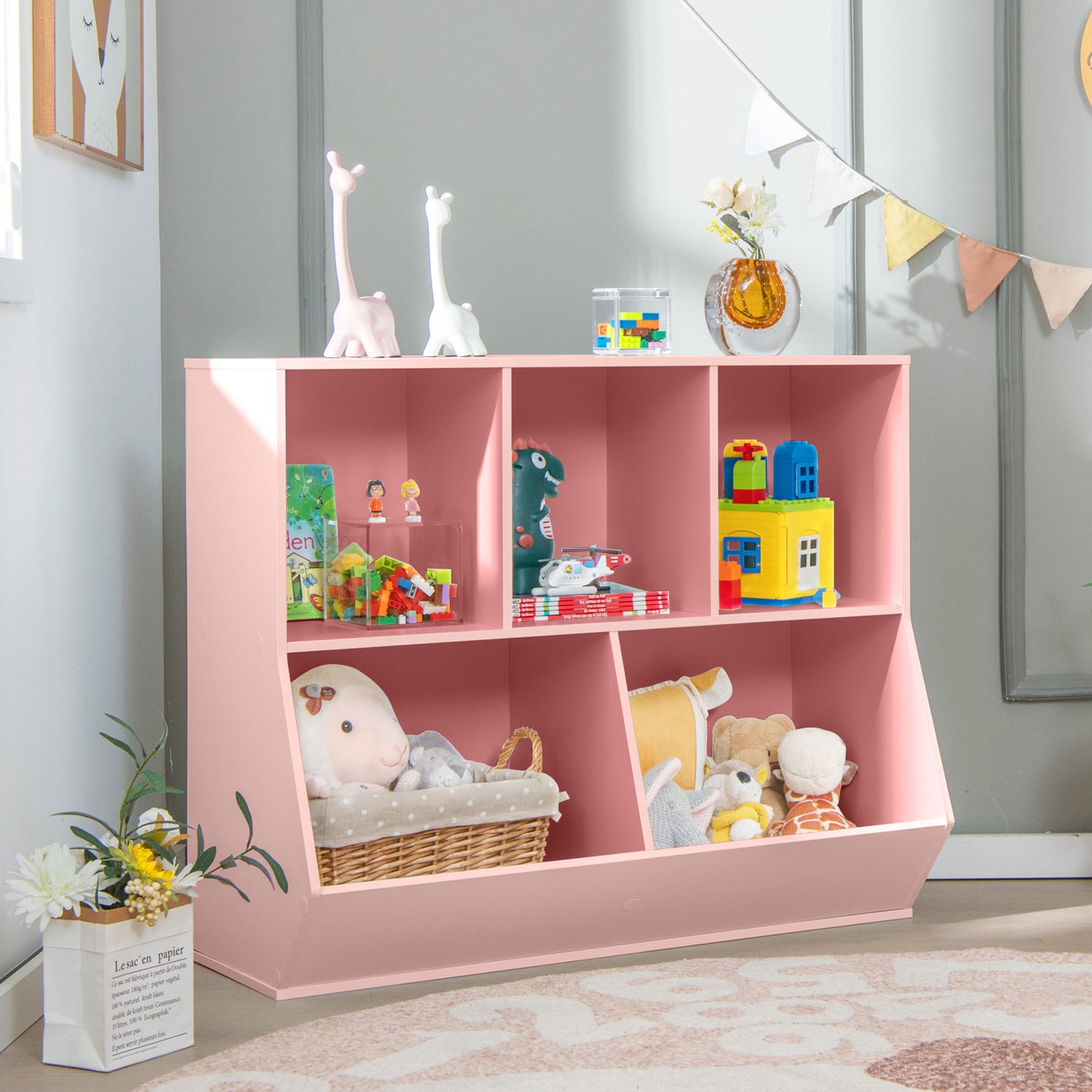 5-Cube Wooden Kids Toy Storage Organizer with Anti-Tipping Kits