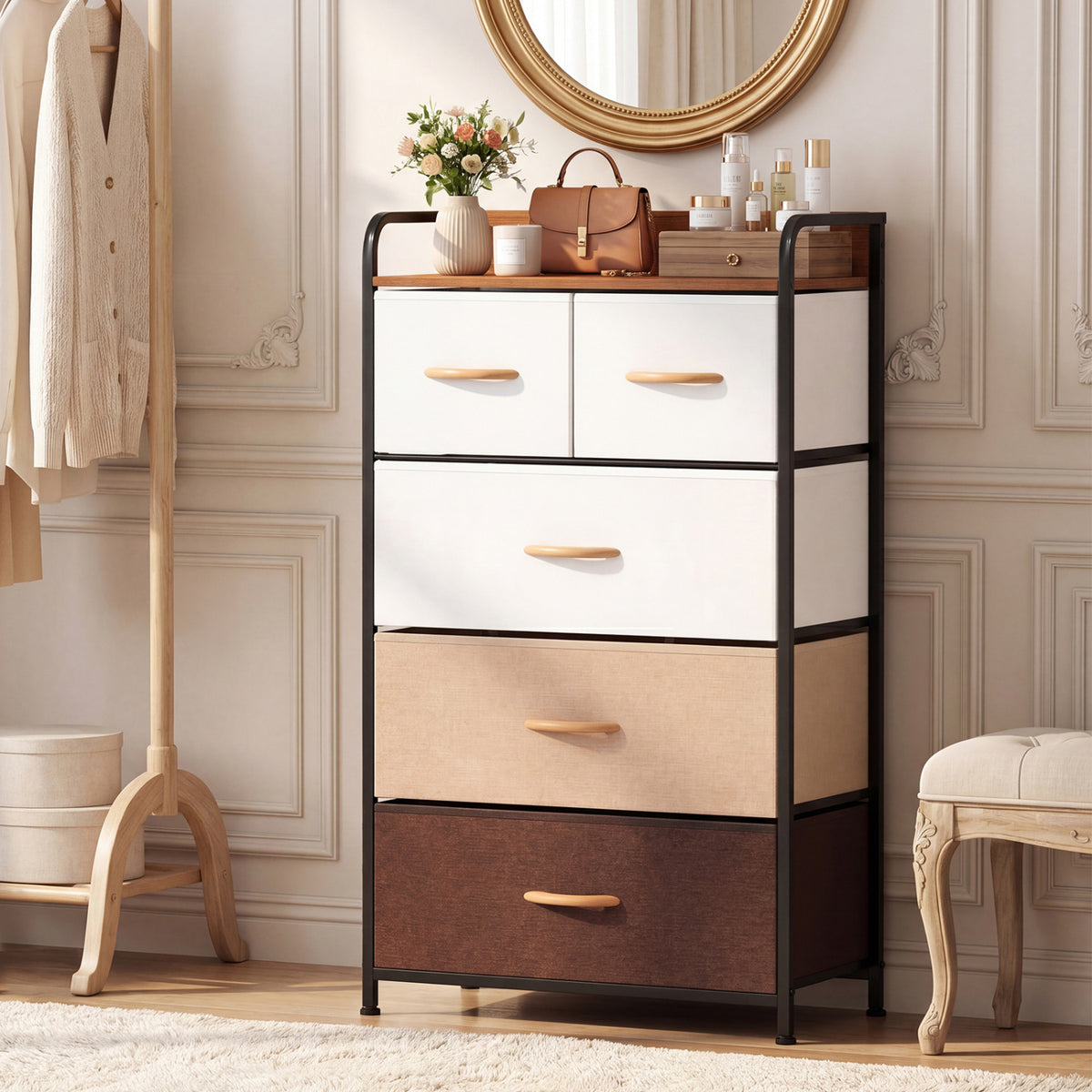 5-Drawer Fabric Dresser with Removable Fabric Bins-Multicolor