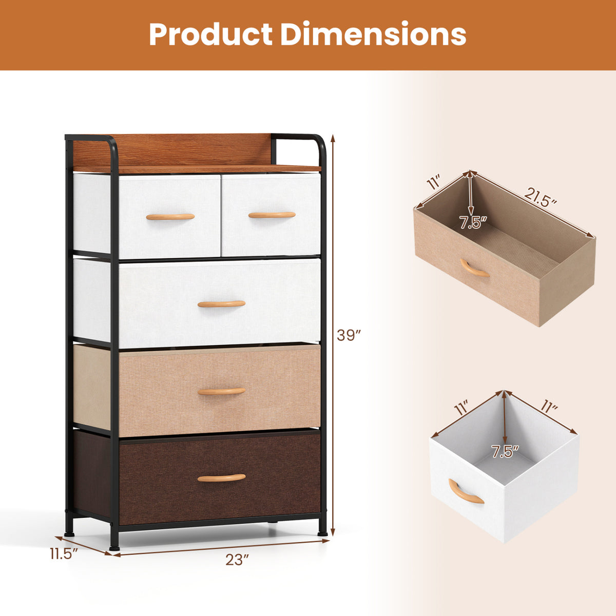 5-Drawer Fabric Dresser with Removable Fabric Bins-Multicolor