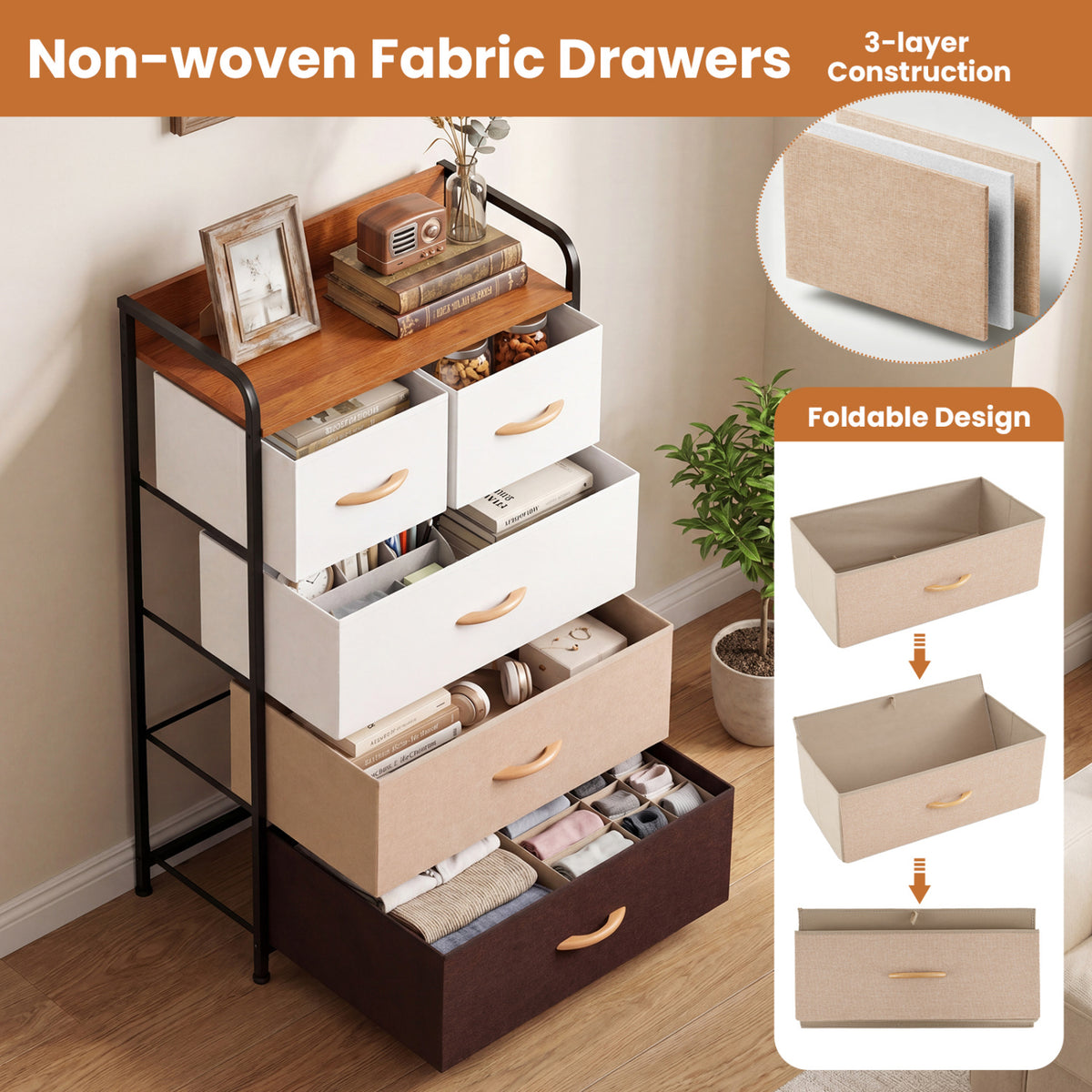 5-Drawer Fabric Dresser with Removable Fabric Bins-Multicolor