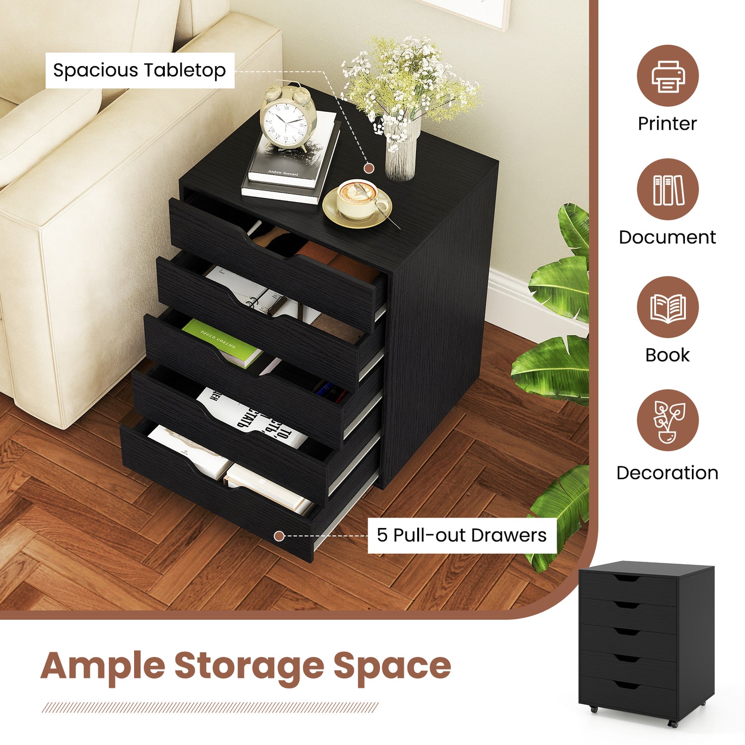 5 Drawer Mobile File Cabinet with Wheels for Living Room