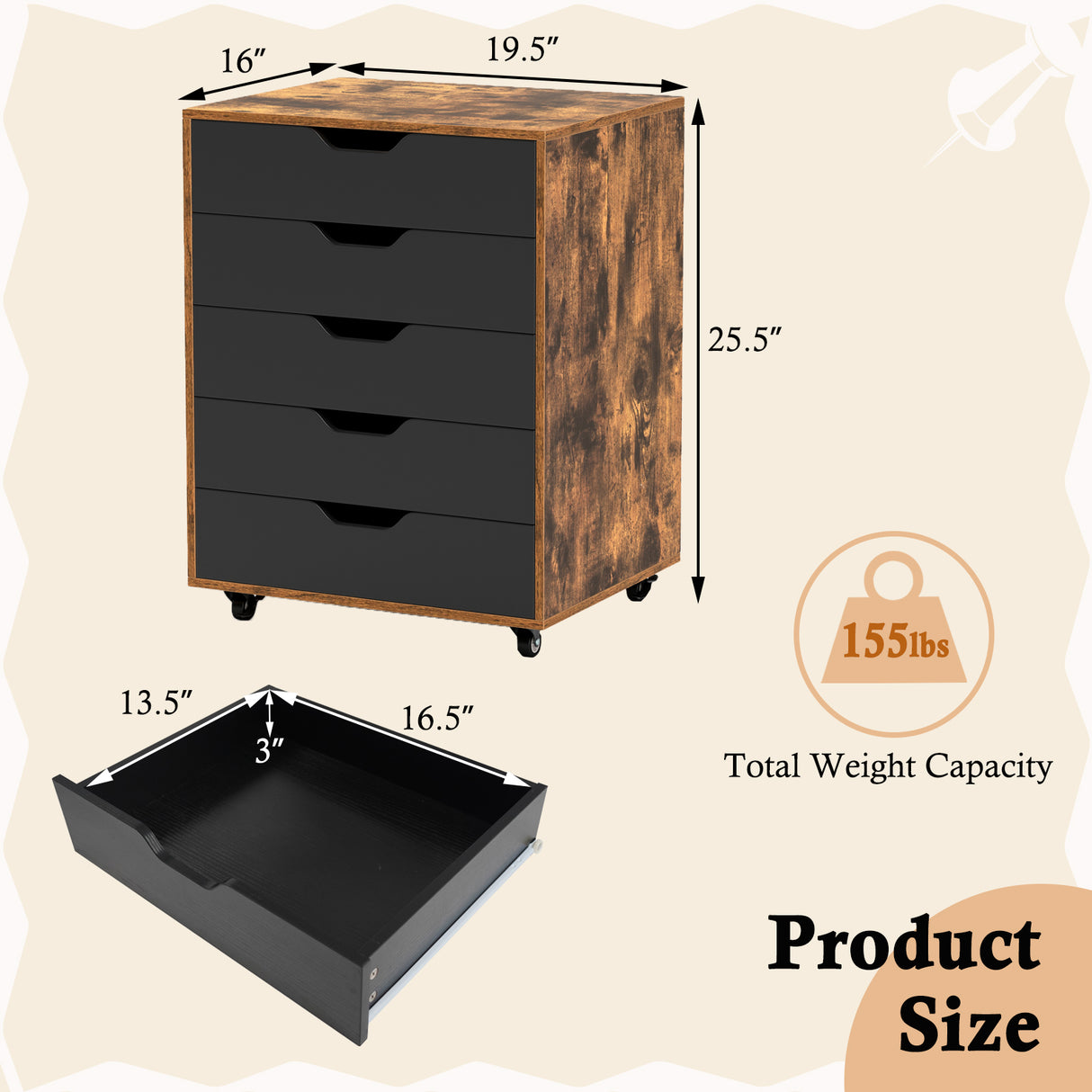 5 Drawer Mobile File Cabinet with Wheels for Living Room