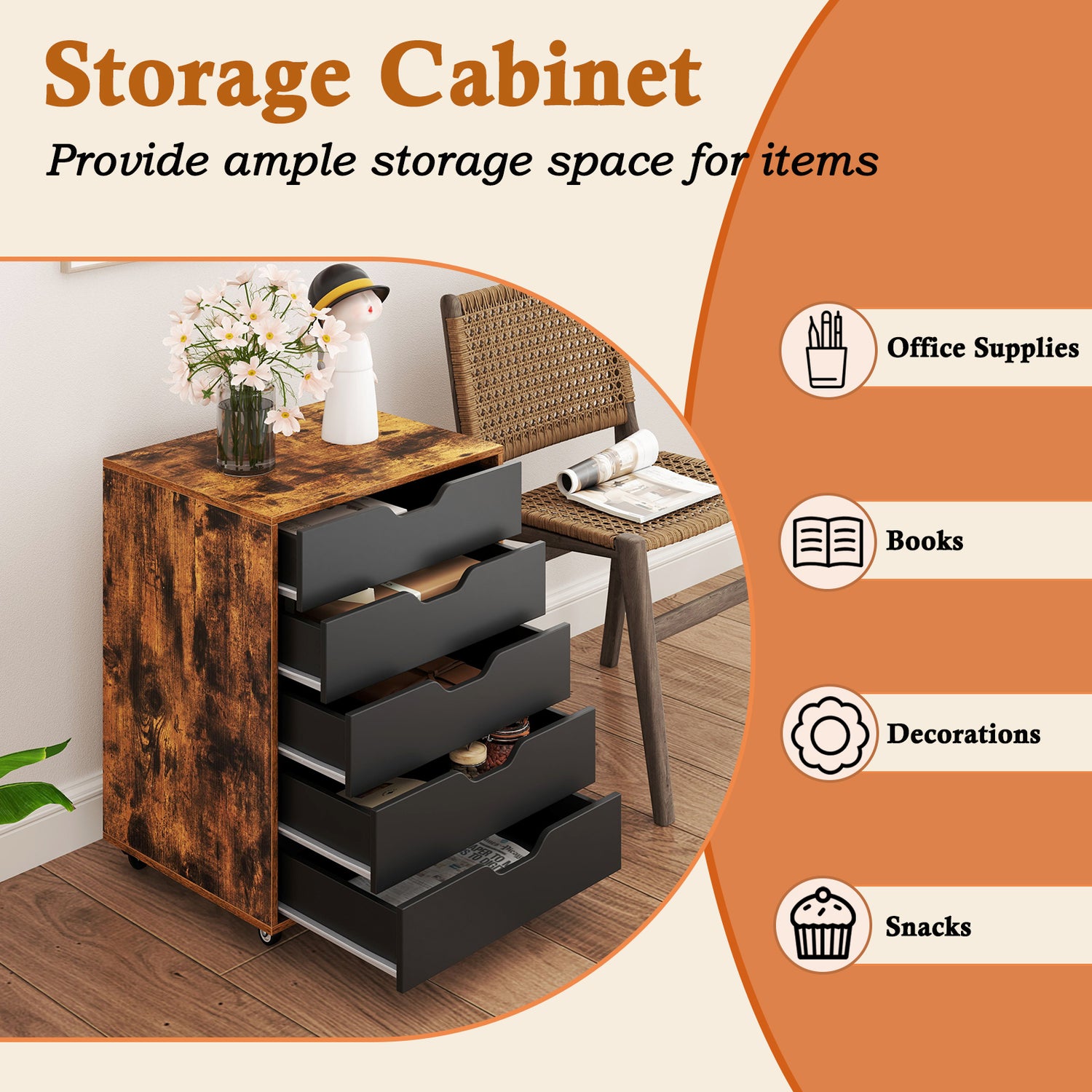 5 Drawer Mobile File Cabinet with Wheels for Living Room