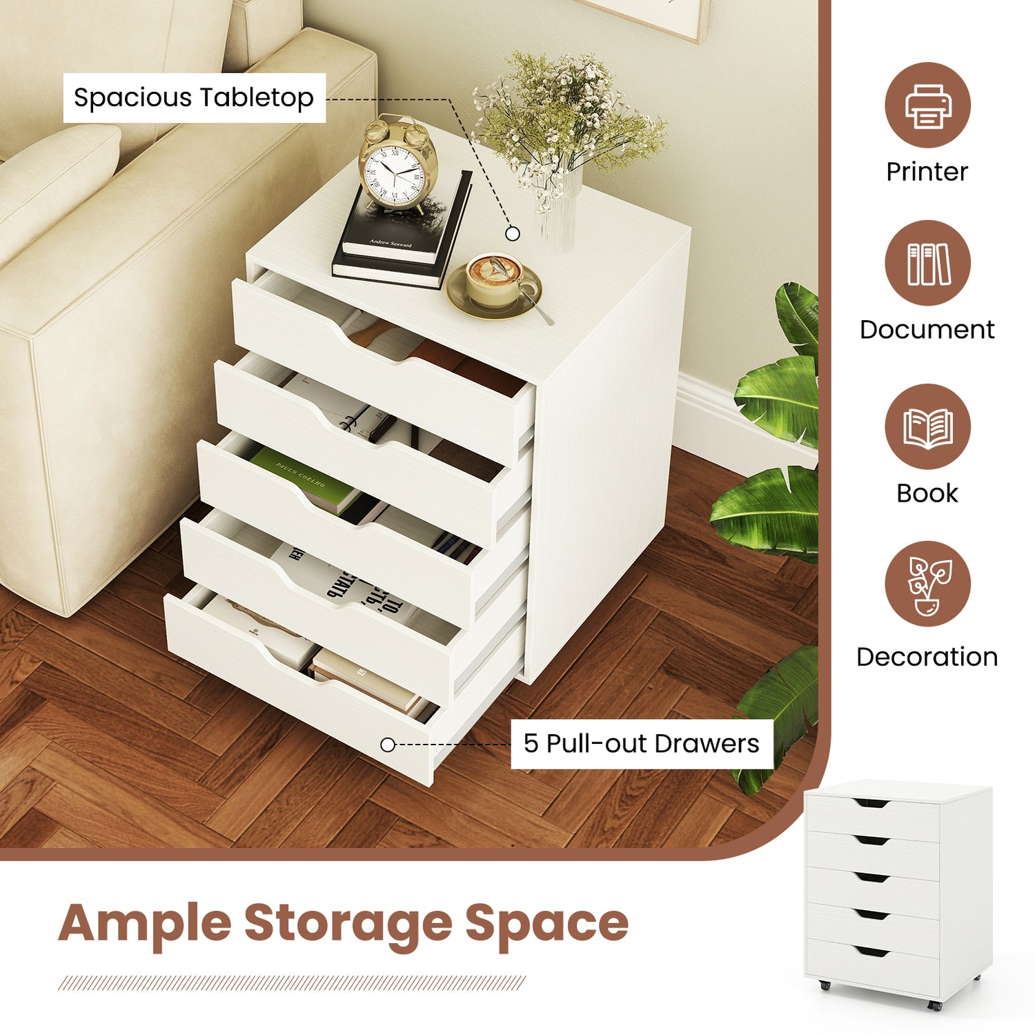 5 Drawer Mobile File Cabinet with Wheels for Living Room