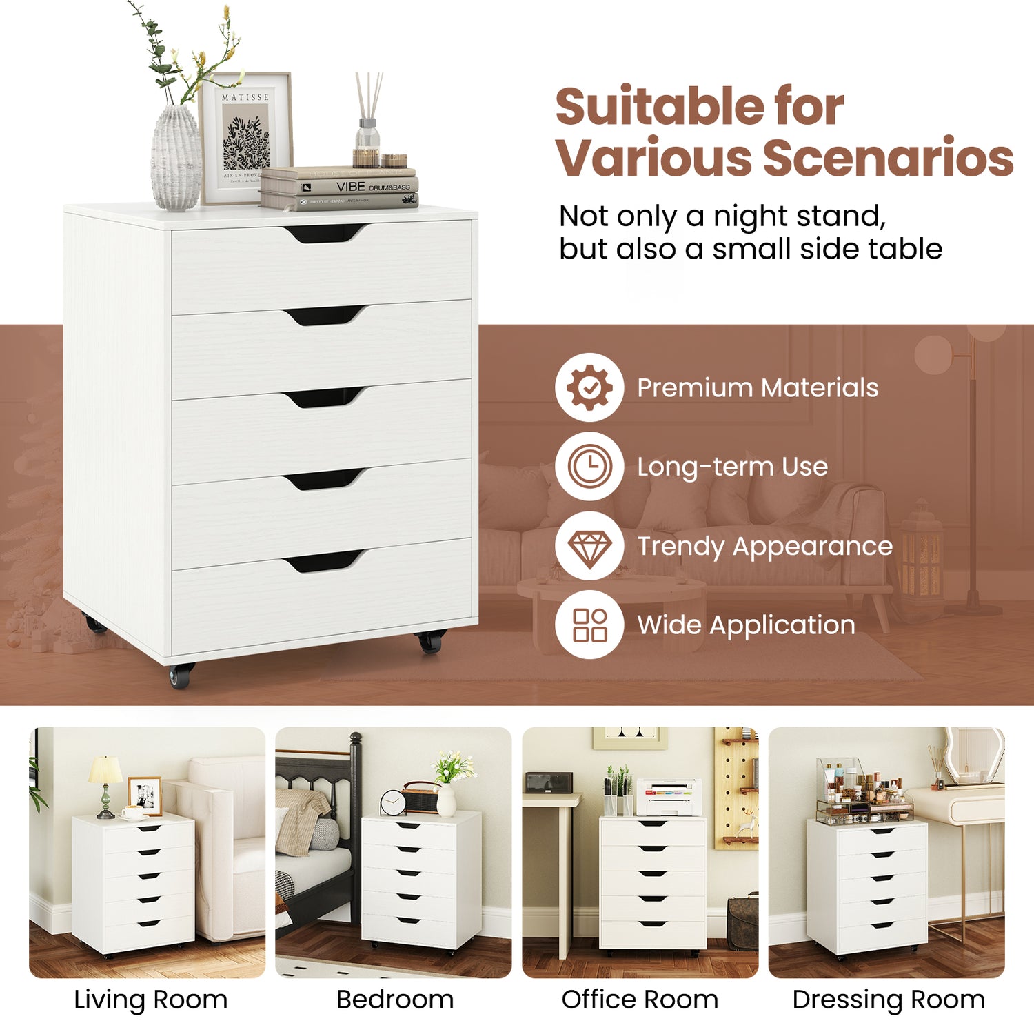 5 Drawer Mobile File Cabinet with Wheels for Living Room