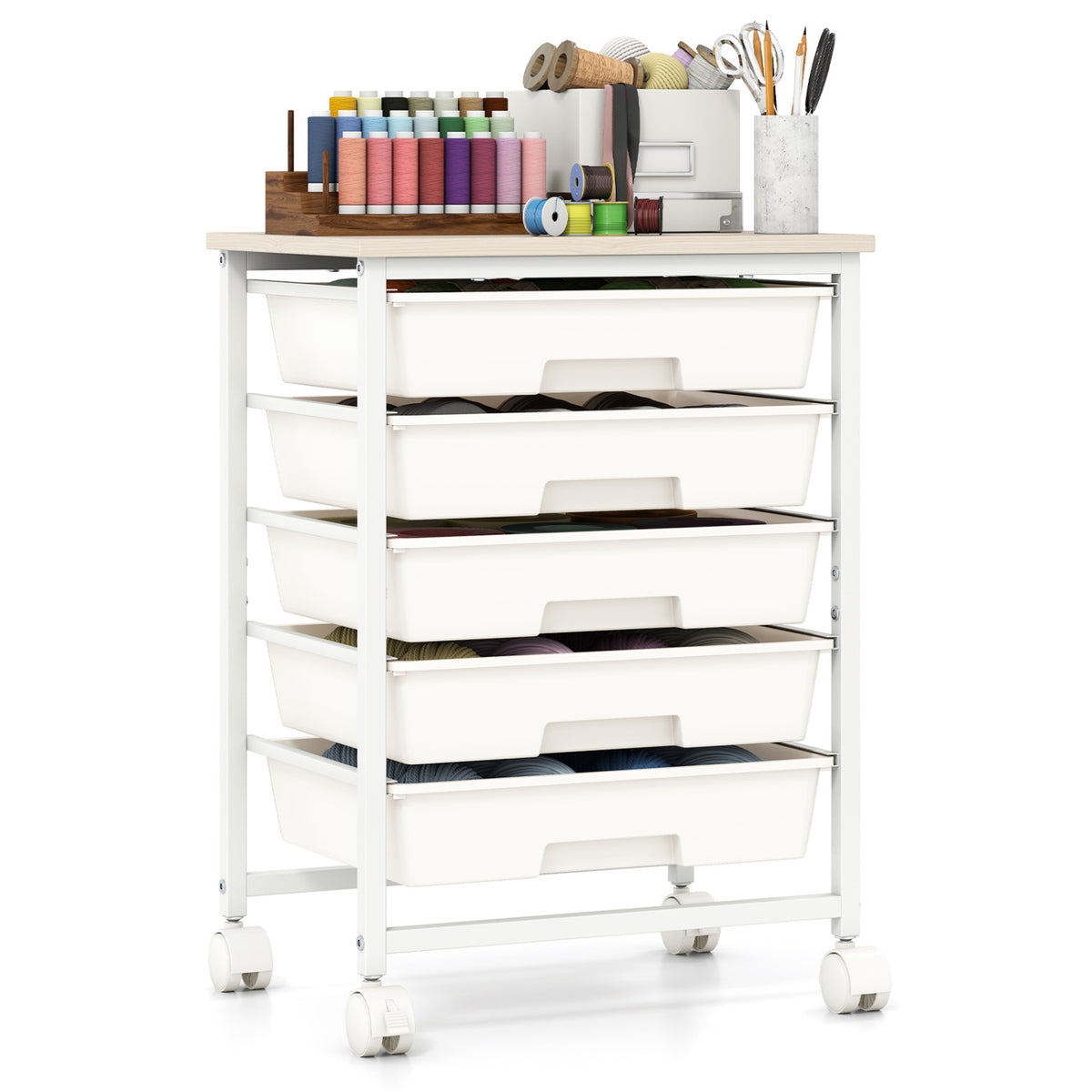 5-Drawer Rolling Cart with Wooden Tabletop and Metal Frame for Craft Room