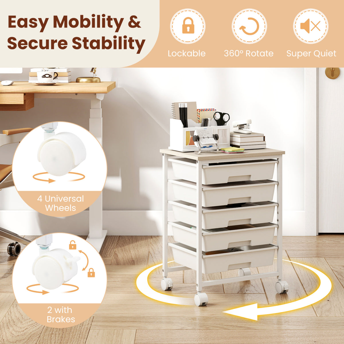 5-Drawer Rolling Cart with Wooden Tabletop and Metal Frame for Craft Room