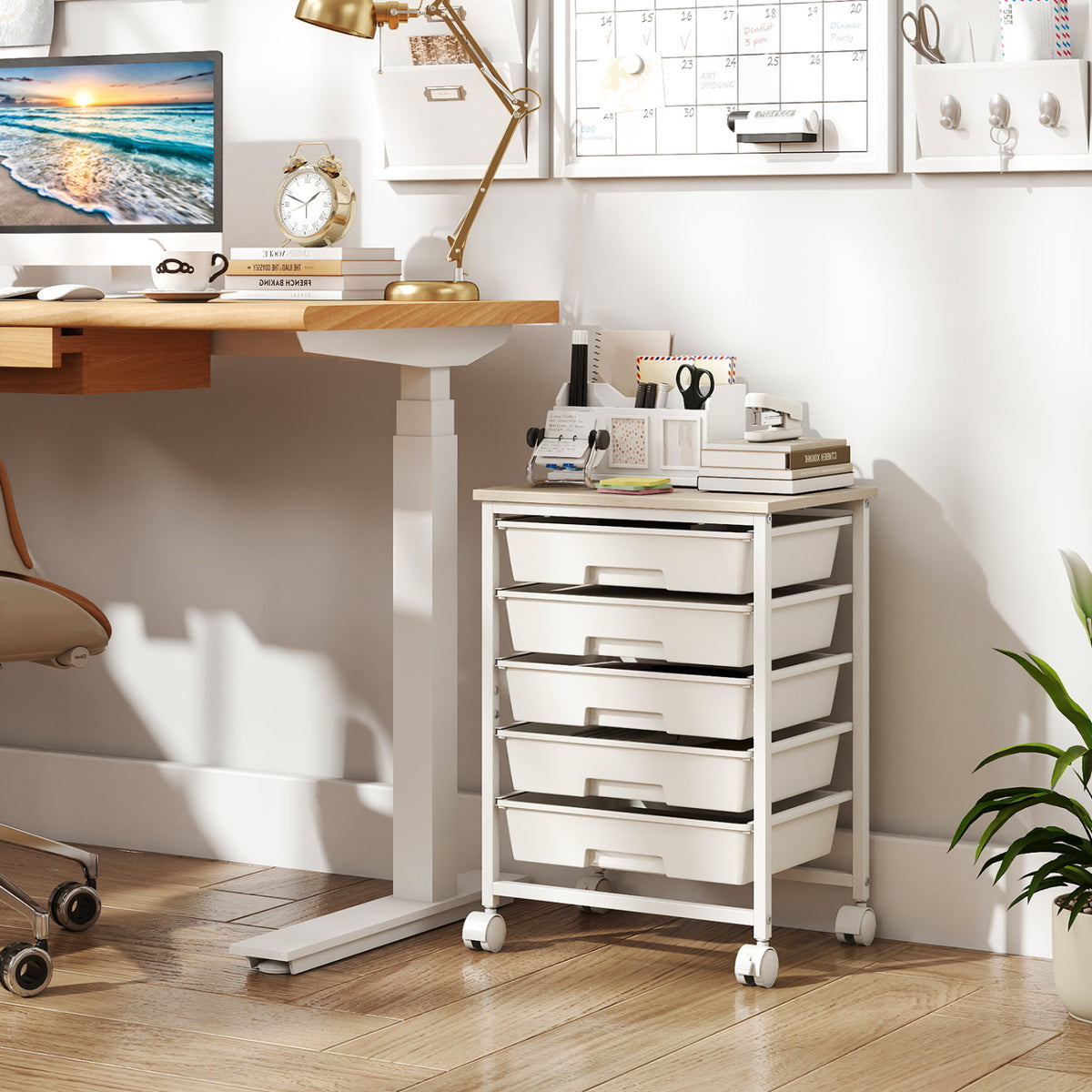 5-Drawer Rolling Cart with Wooden Tabletop and Metal Frame for Craft Room