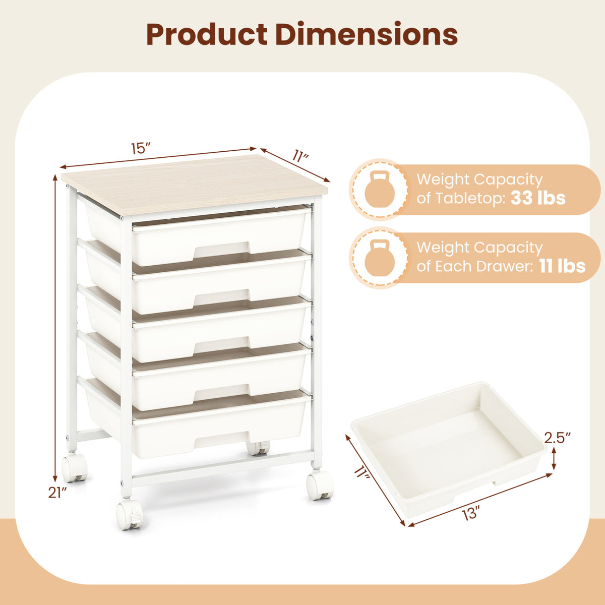 5-Drawer Rolling Cart with Wooden Tabletop and Metal Frame for Craft Room
