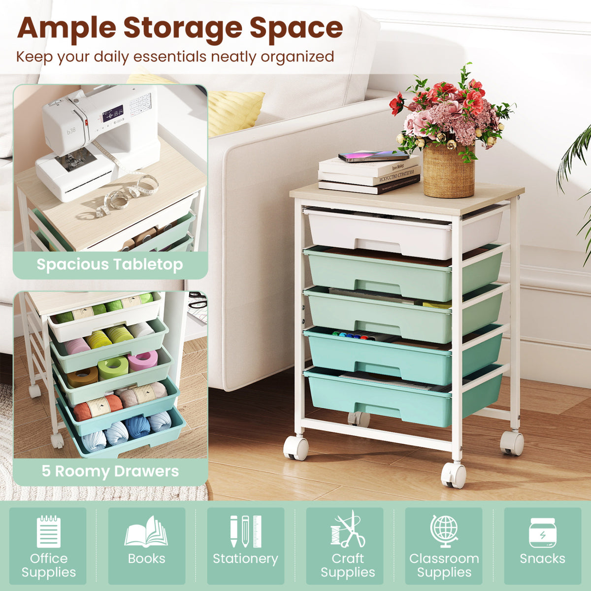 5-Drawer Rolling Cart with Wooden Tabletop and Metal Frame for Craft Room