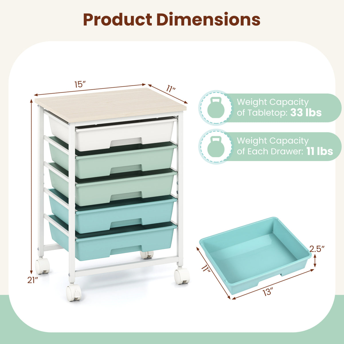 5-Drawer Rolling Cart with Wooden Tabletop and Metal Frame for Craft Room