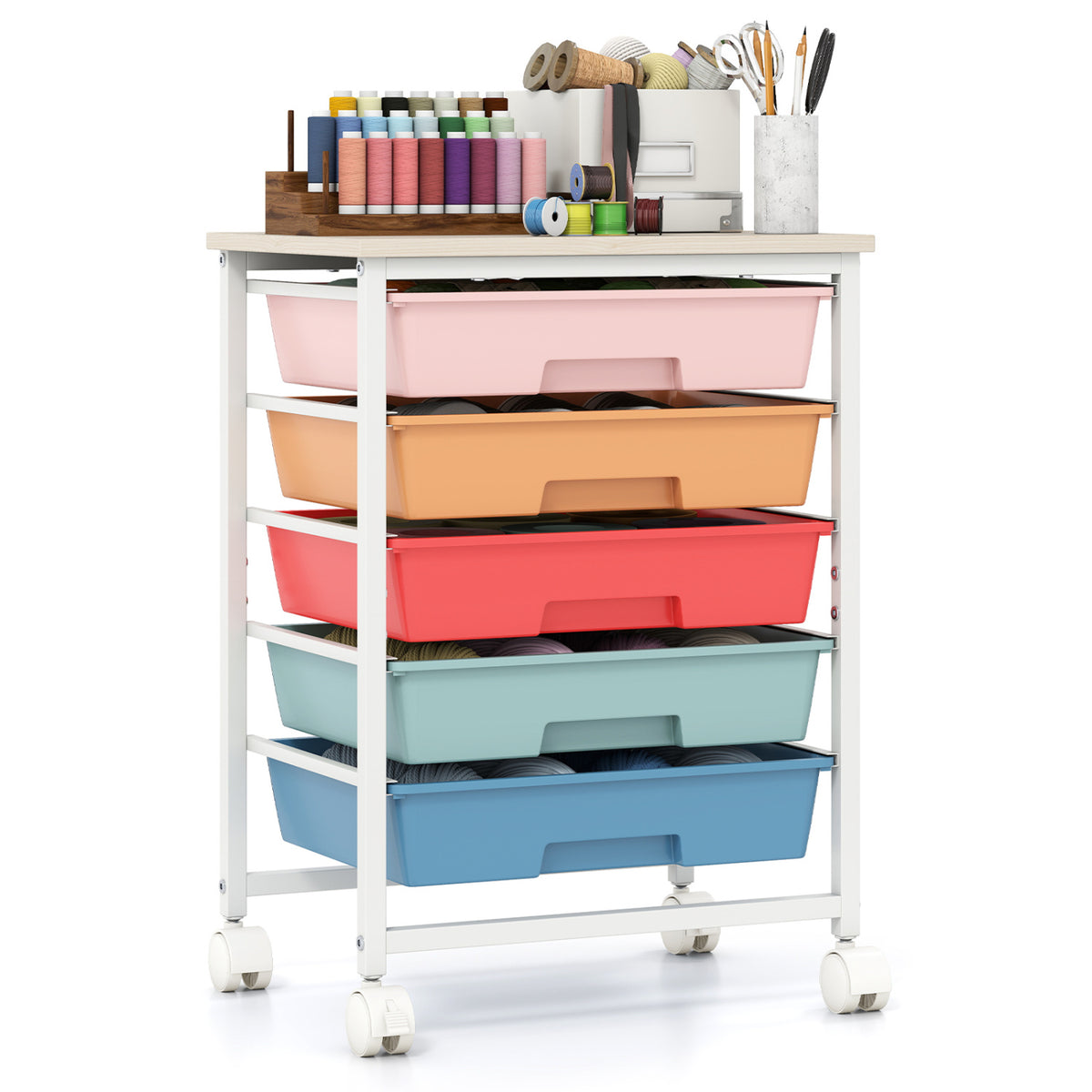 5-Drawer Rolling Cart with Wooden Tabletop and Metal Frame for Craft Room